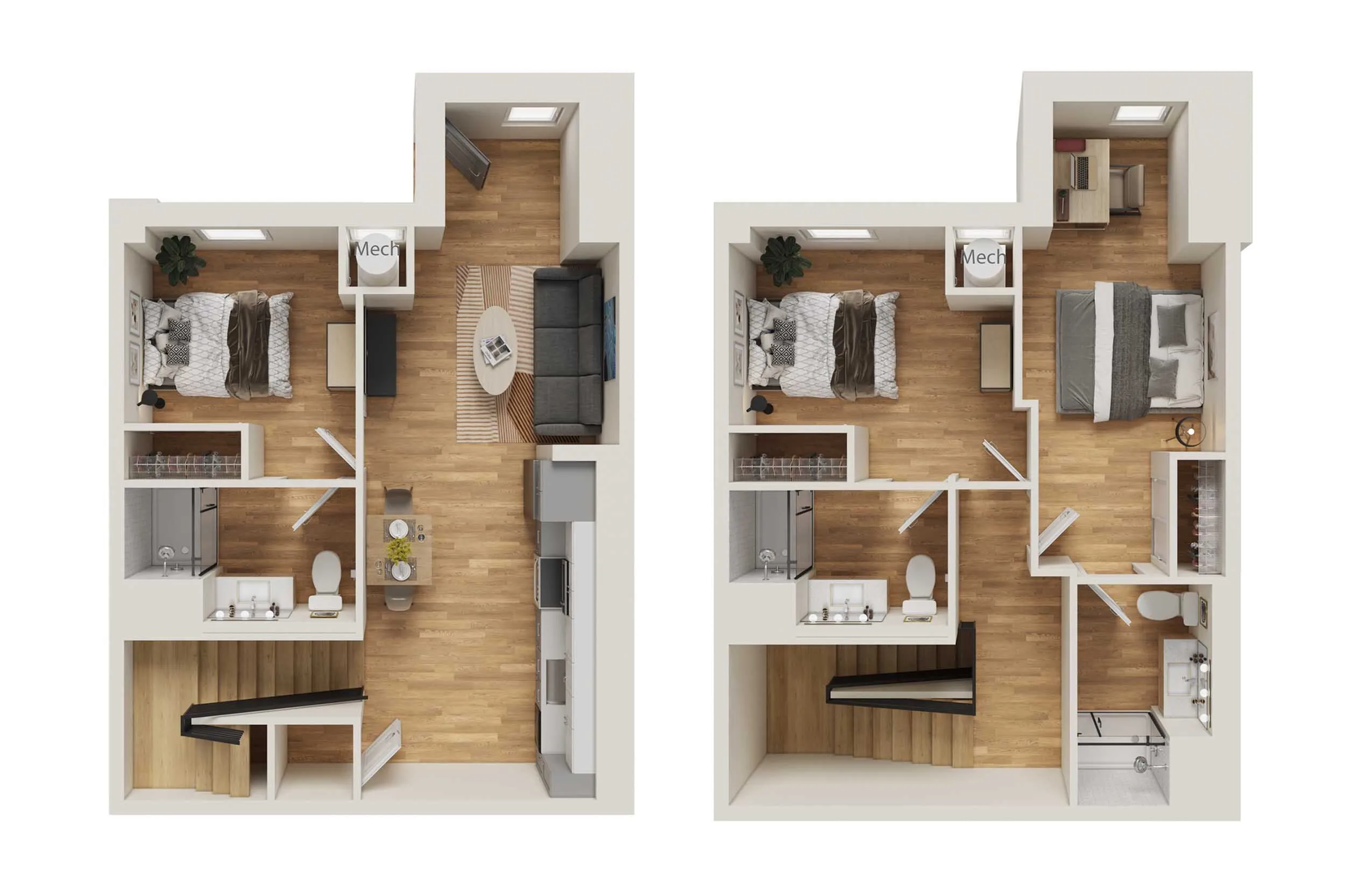 Modern 3D floor plan showcasing two-story apartment with two bedrooms, sleek kitchen, and cozy living area. Beautifully designed for comfortable living.
