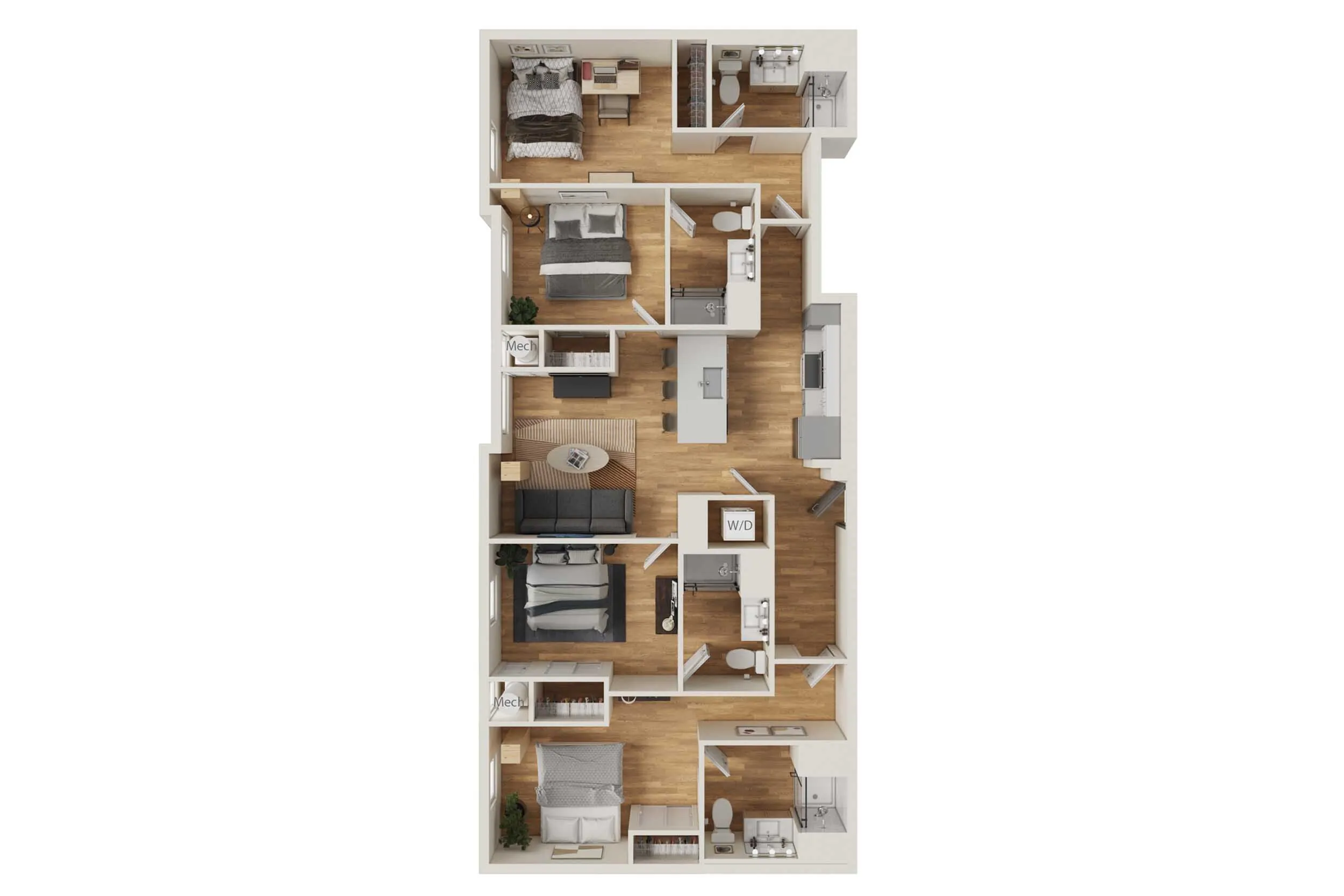 Contemporary 3D floor plan featuring 3 bedrooms, 2 bathrooms, a sleek kitchen, and an inviting living area with warm wood flooring.