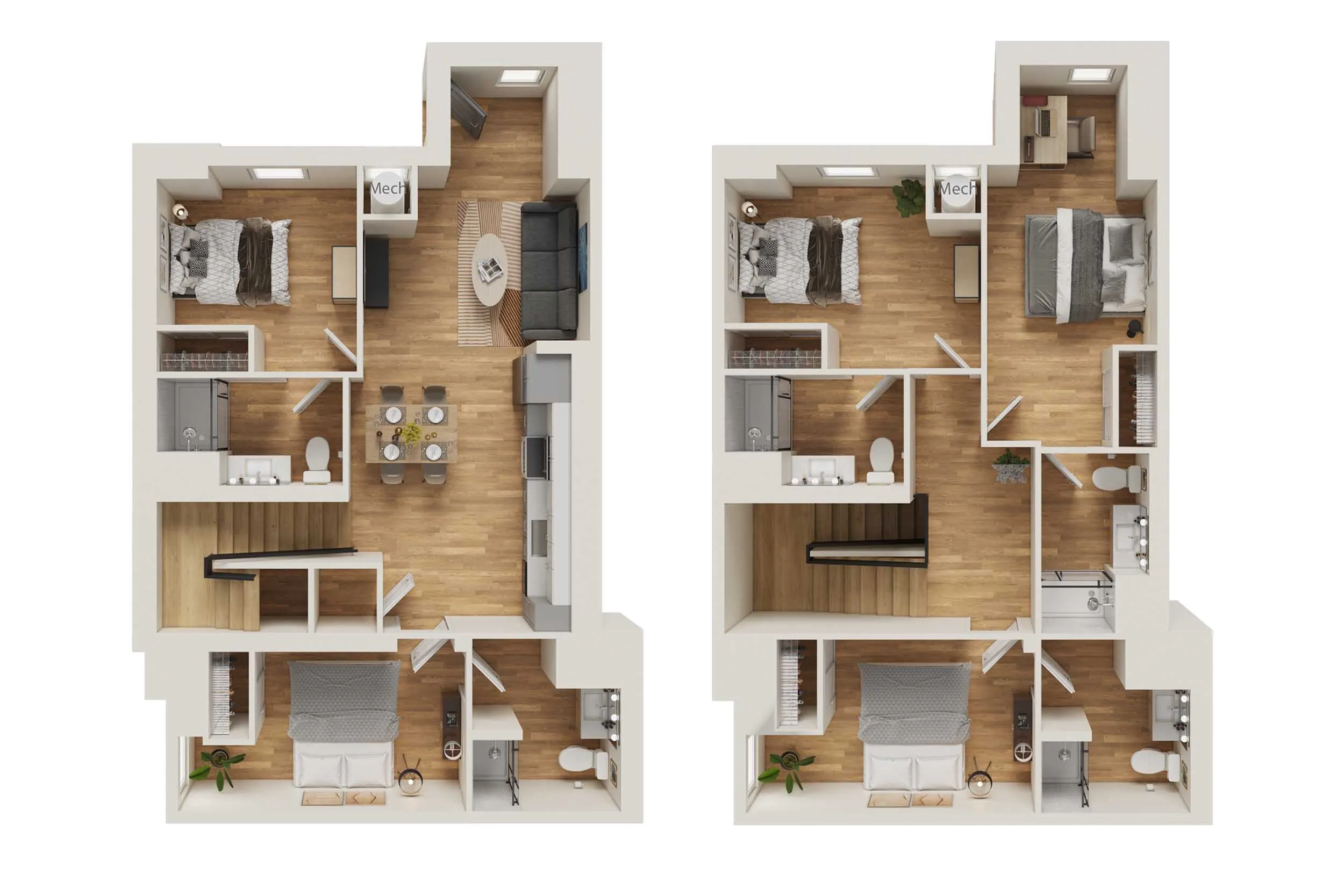 Modern 3D floor plan of a two-story apartment featuring three bedrooms, two bathrooms, a stylish open-concept kitchen, and a cozy living area with hardwood flooring.