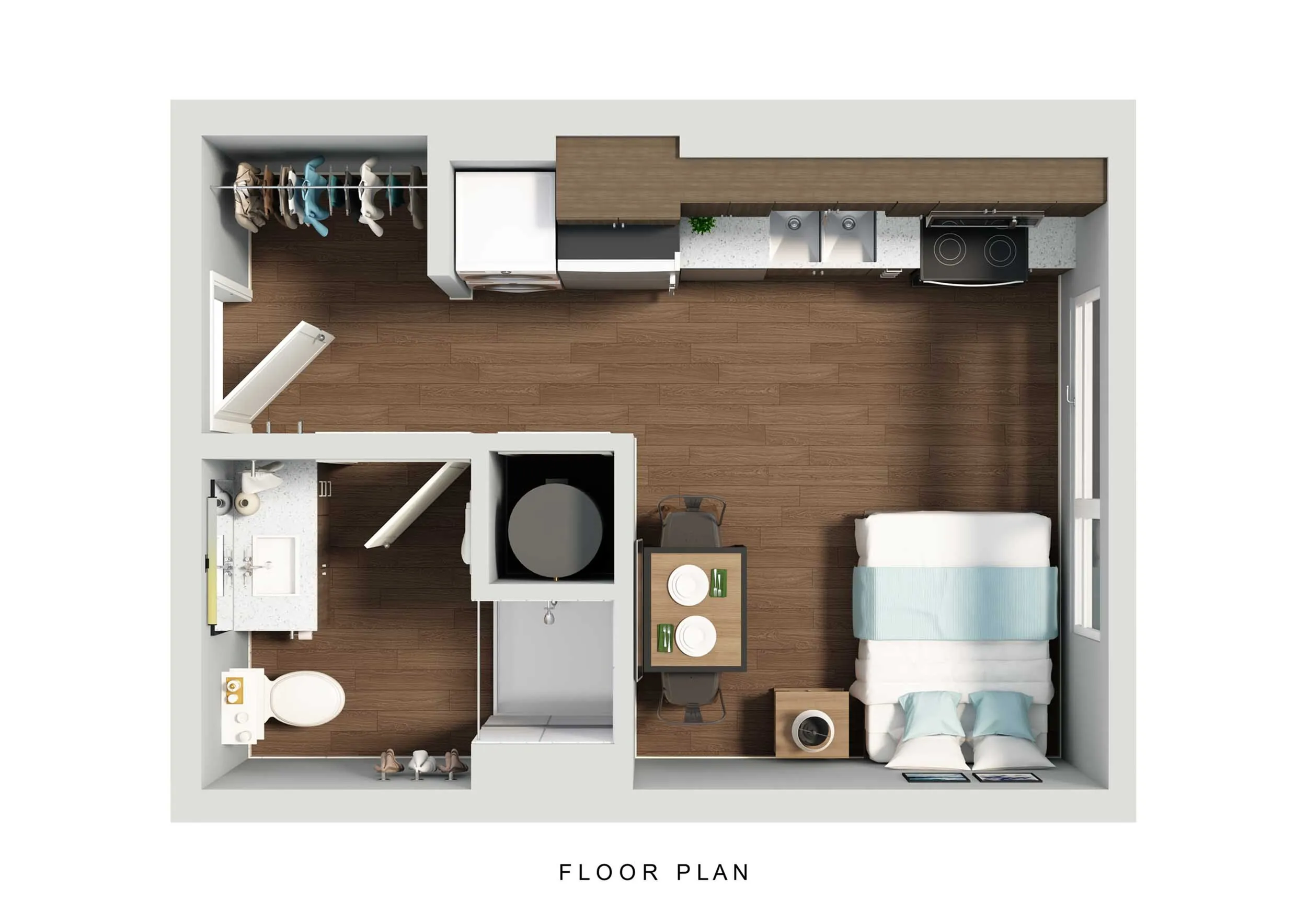 Modern studio apartment floor plan showcasing a cozy bedroom, sleek kitchenette, and compact bathroom with elegant wooden flooring.