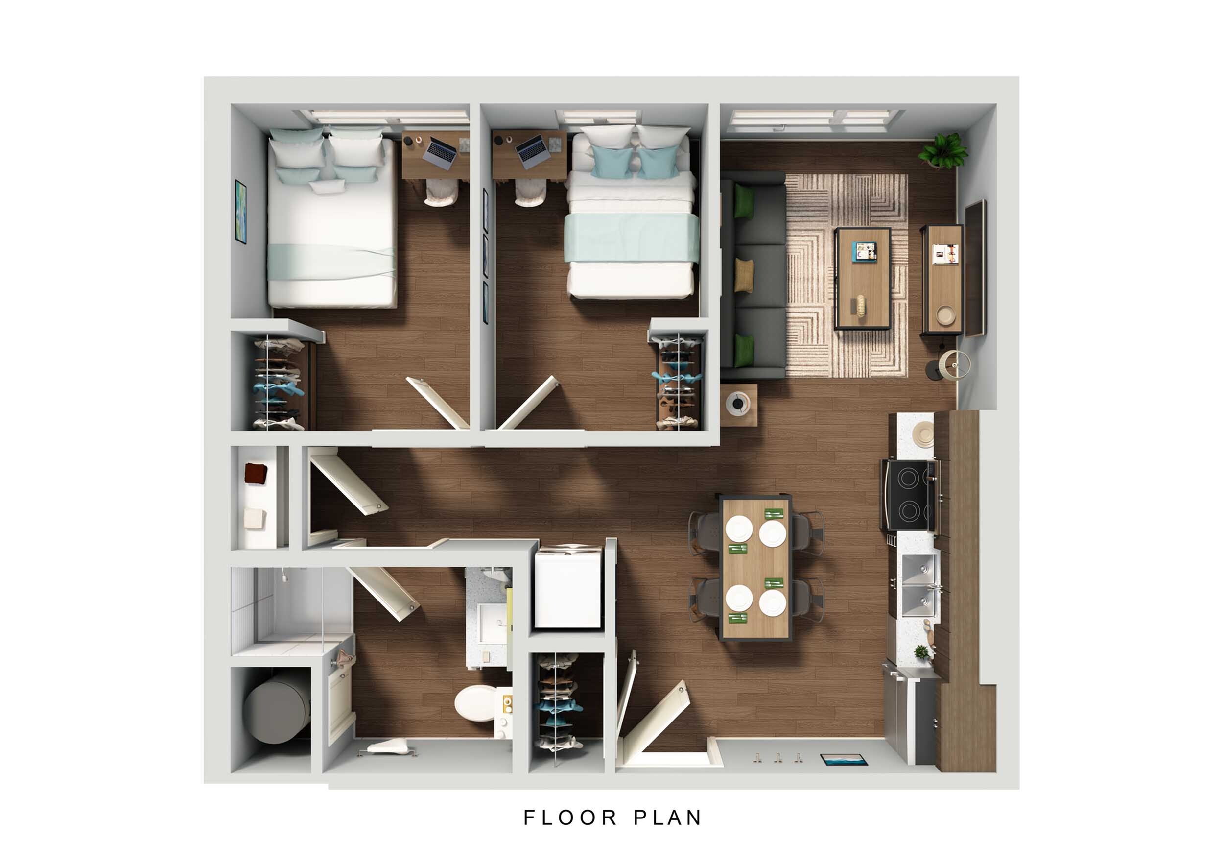Modern floor plan showcasing two cozy bedrooms, open living area, elegant kitchen, and stylish dining space.