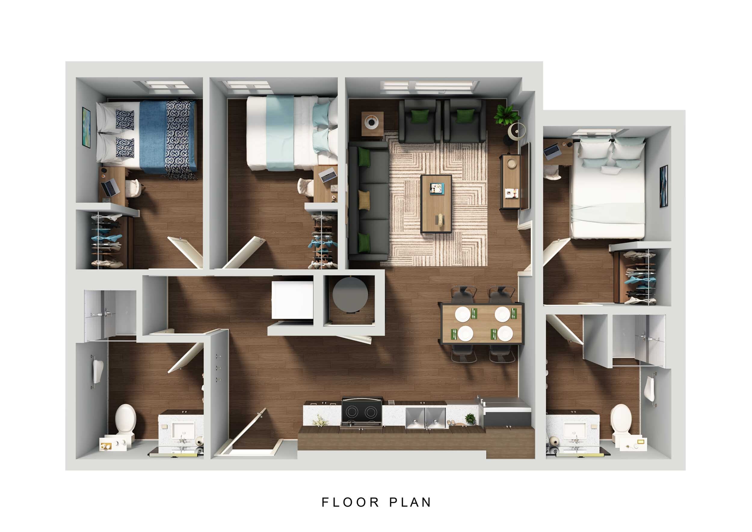 Modern floor plan showcasing 3 cozy bedrooms, an inviting open living area, and a sleek dining space with contemporary kitchen.