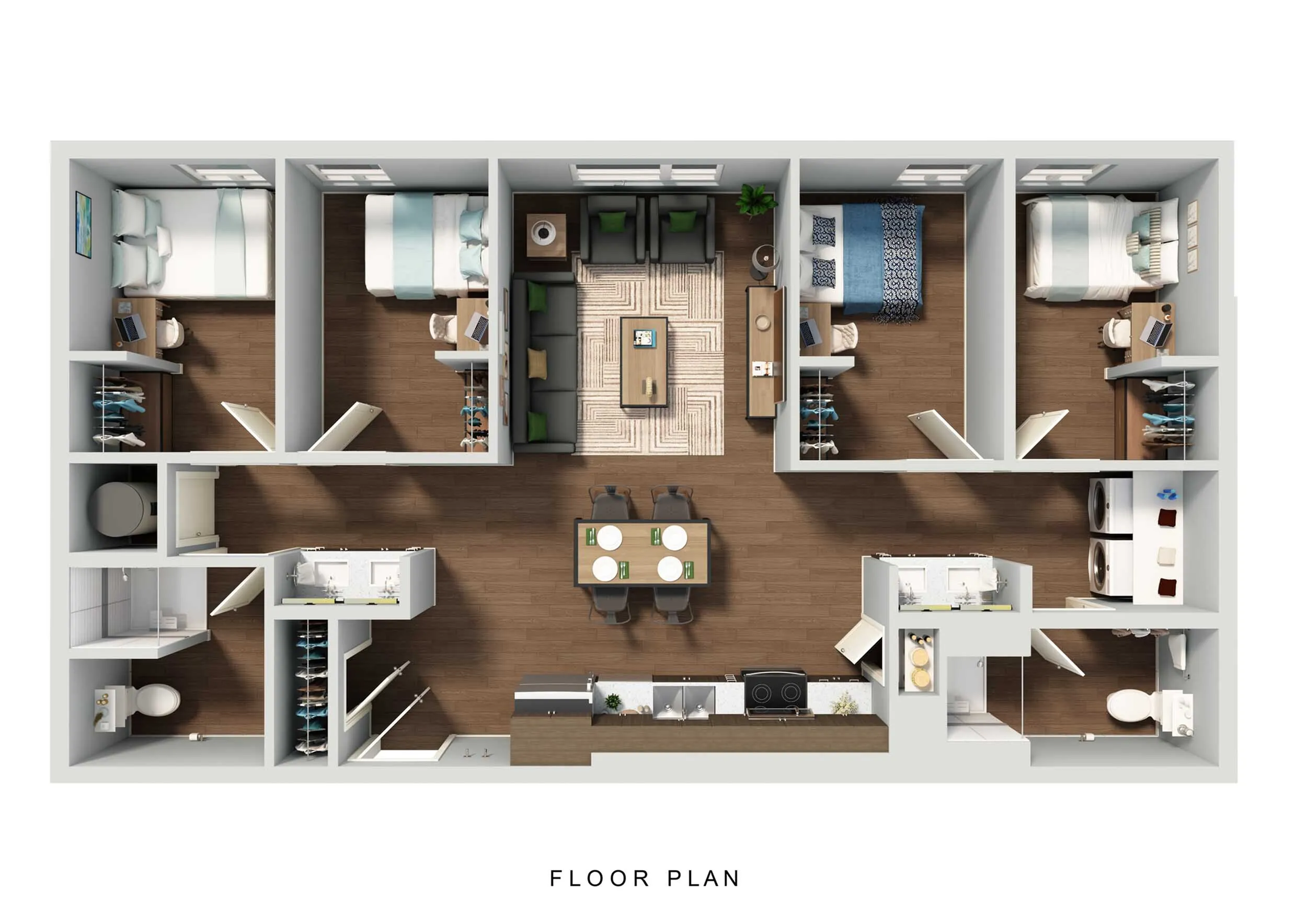 Contemporary floor plan showcasing 3 bedrooms, elegant living space, modern kitchen, and two bathrooms, ideal for comfortable living.