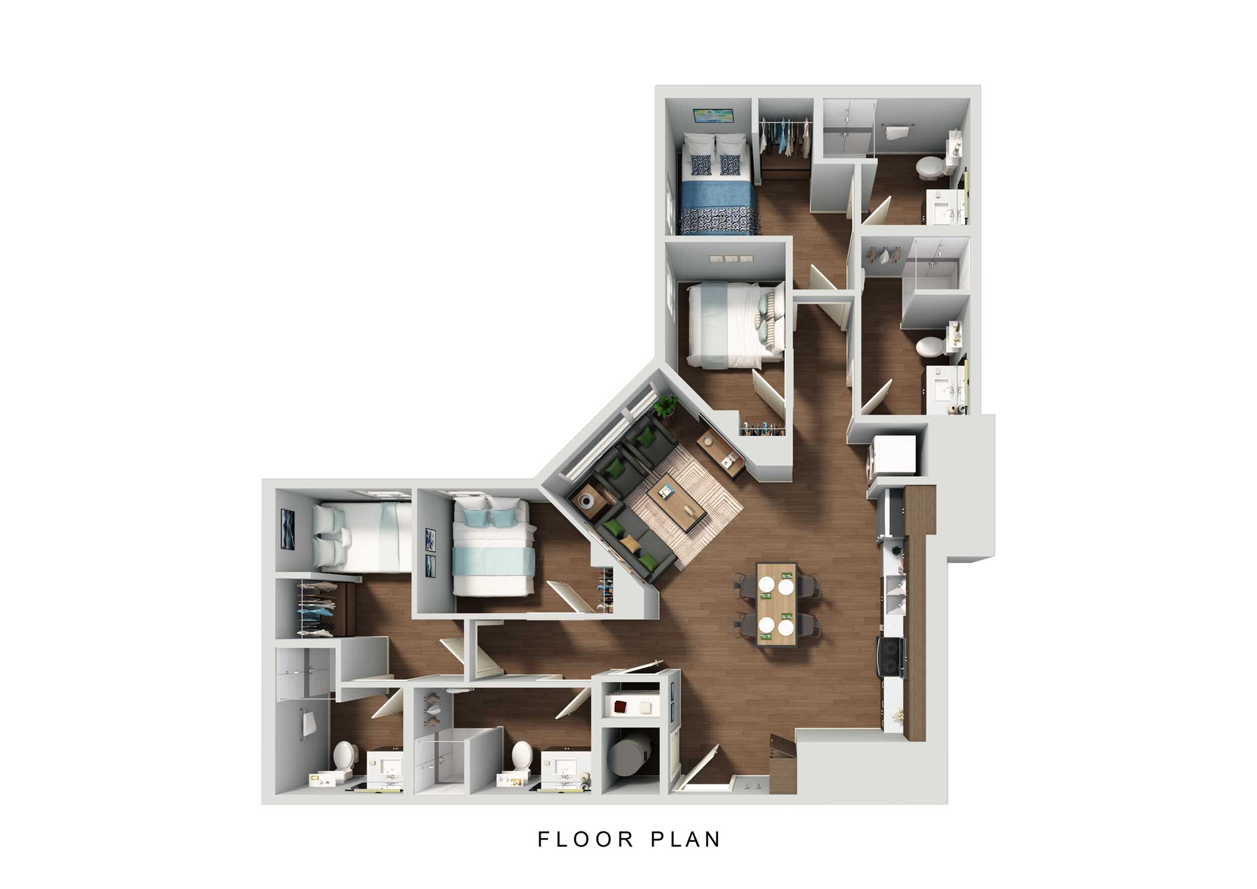 Modern floor plan showcasing 3 bedrooms, inviting living room, open kitchen, and 2 elegant bathrooms, perfect for contemporary living.