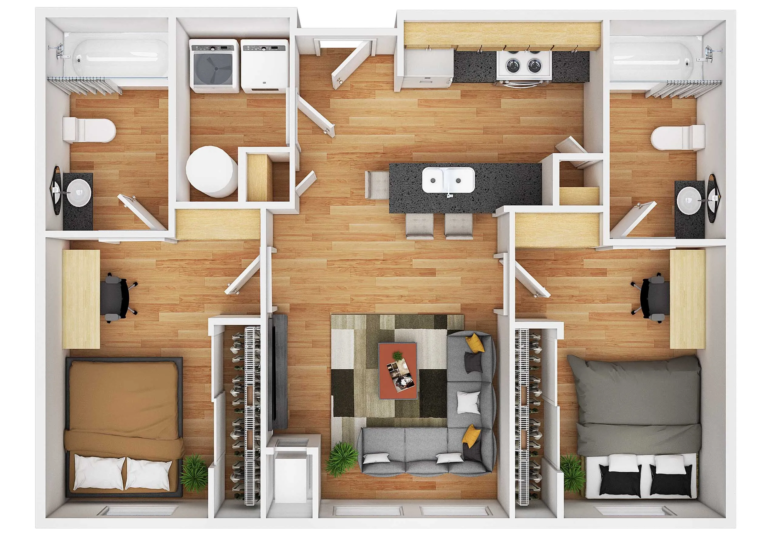 University Commons two-bedroom Layout A private floor plan, 727 square feet with two private bedrooms and two private bathrooms in Minneapolis, MN near the University of Minnesota