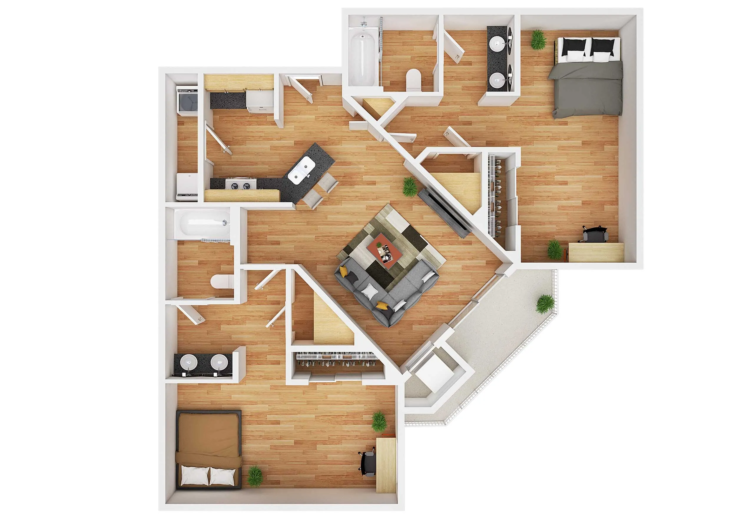 University Commons two-bedroom Layout B private floor plan, 905 square feet with two private bedrooms, two private bathrooms, and a balcony in Minneapolis, MN near the University of Minnesota