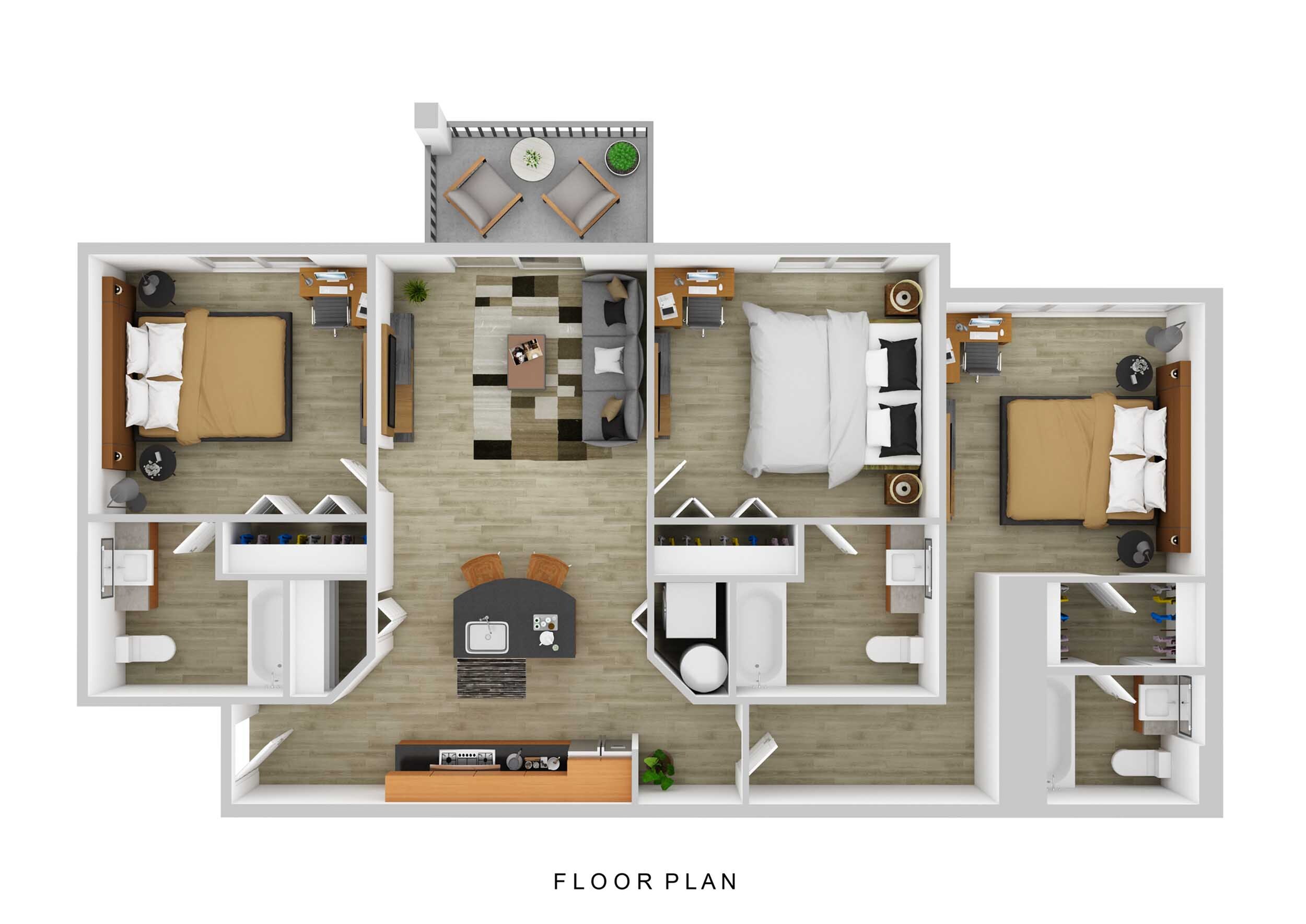 Contemporary 3-bedroom floor plan featuring a cozy living area, elegant kitchen with dining space, and a charming balcony retreat.
