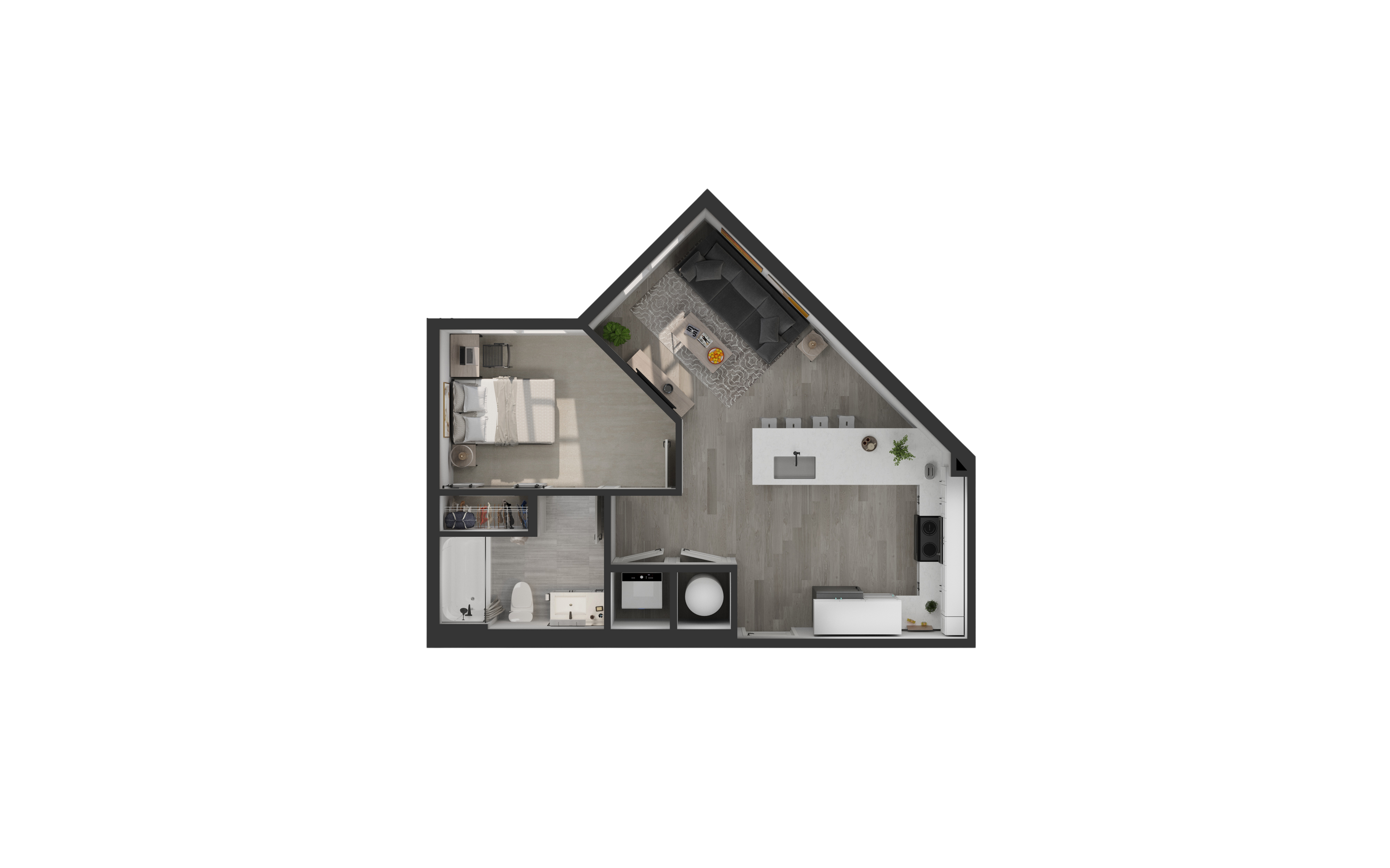 Modern one-bedroom apartment floor plan with an open-concept kitchen and living area, featuring sleek design and efficient layout.
