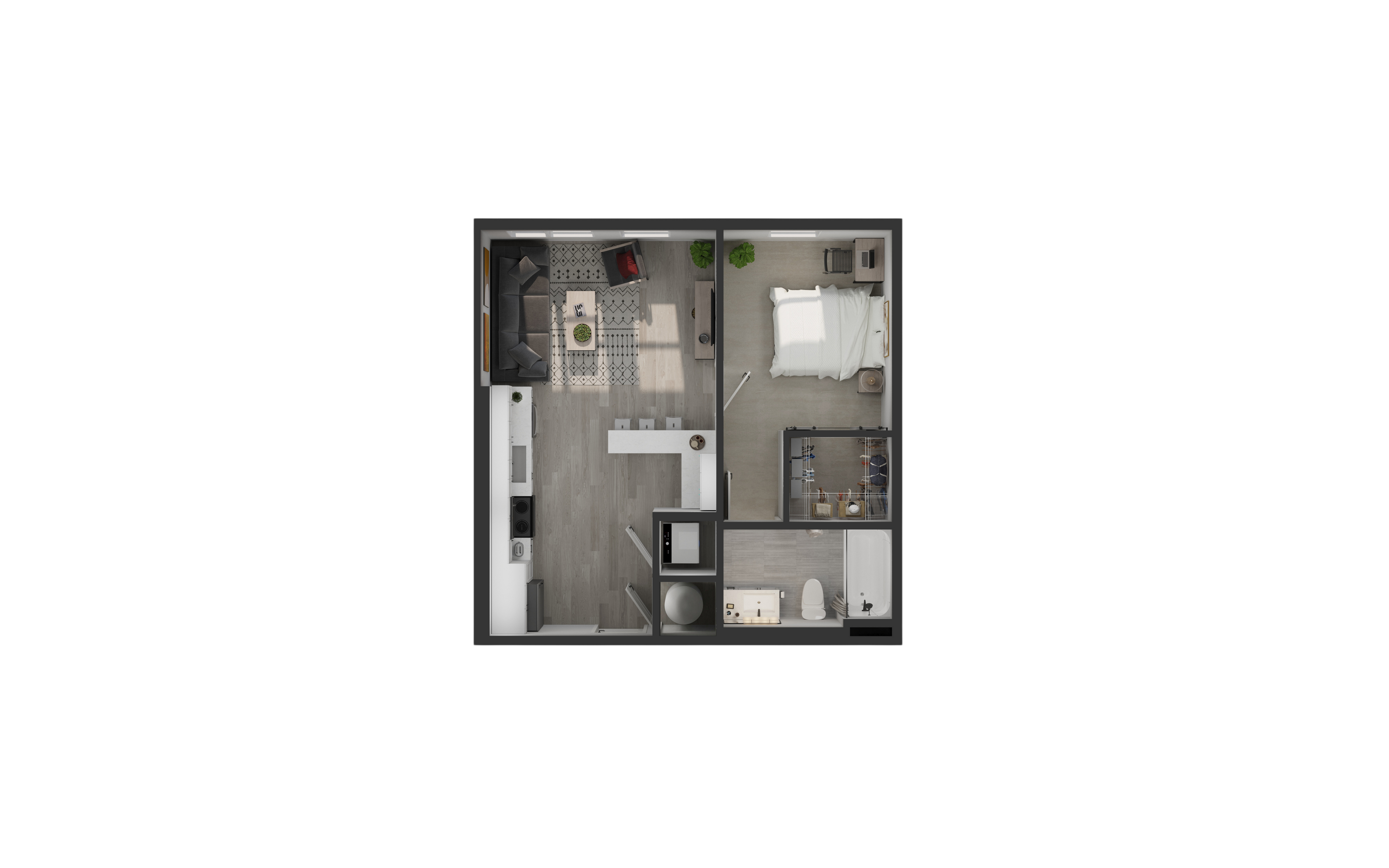 Modern 1-bedroom apartment floor plan featuring an open-concept living and kitchen area, cozy bedroom, and sleek bathroom.