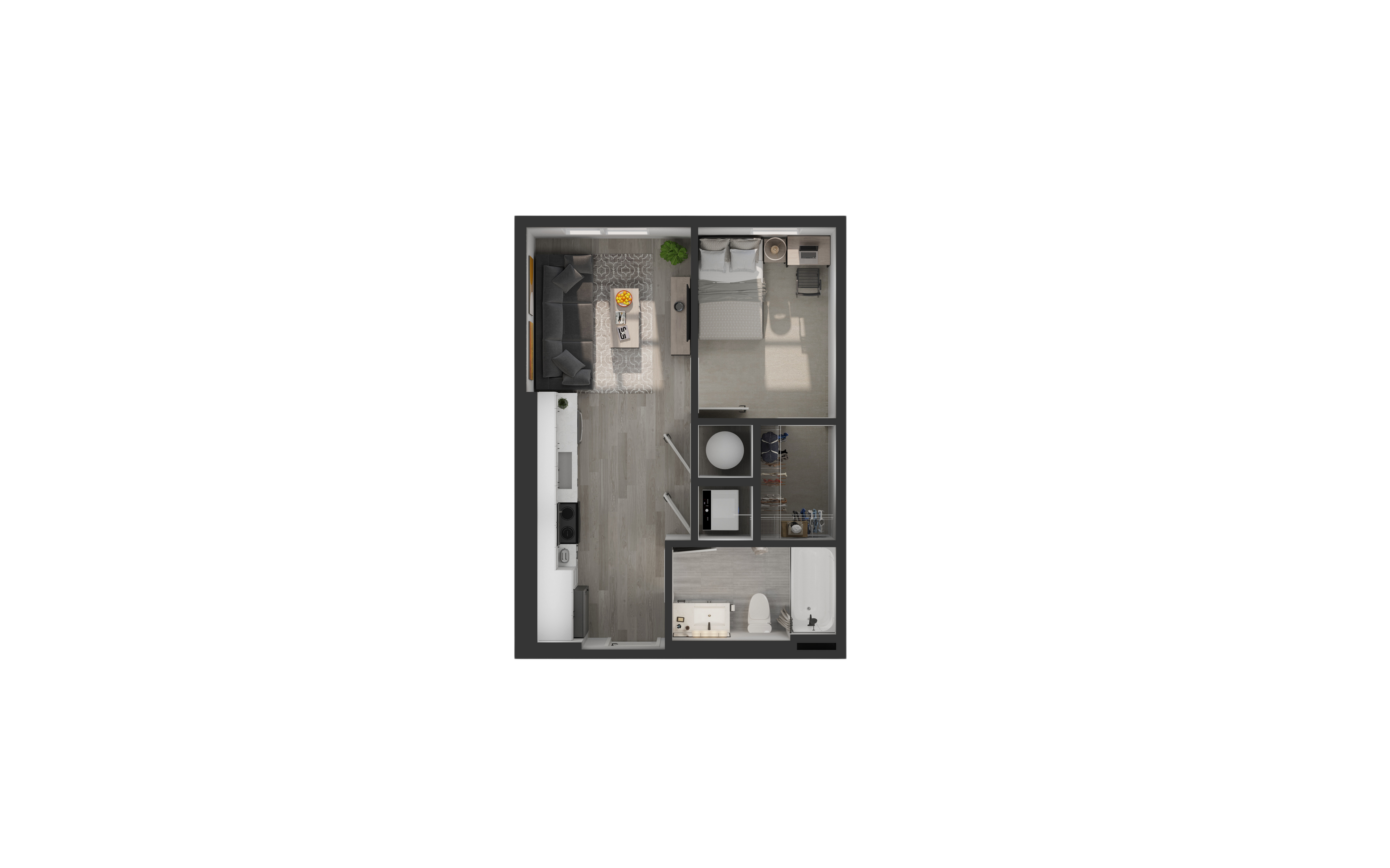 Chic 1-bedroom apartment floor plan with a cozy living area, modern kitchen, and stylish bathroom.