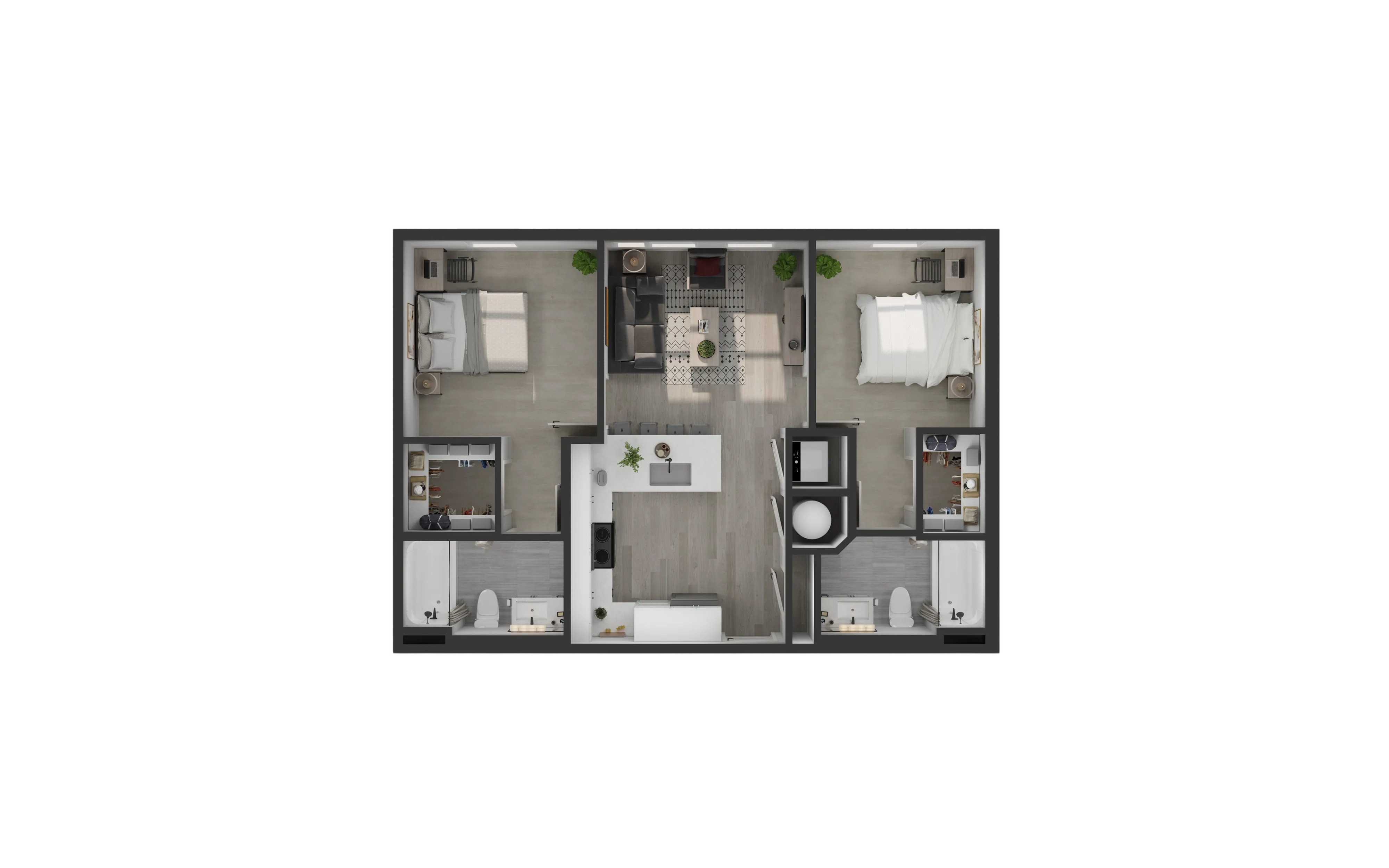 Elegant 2D floor plan showcasing two bedrooms, modern open-concept living and kitchen area, and two stylish bathrooms.