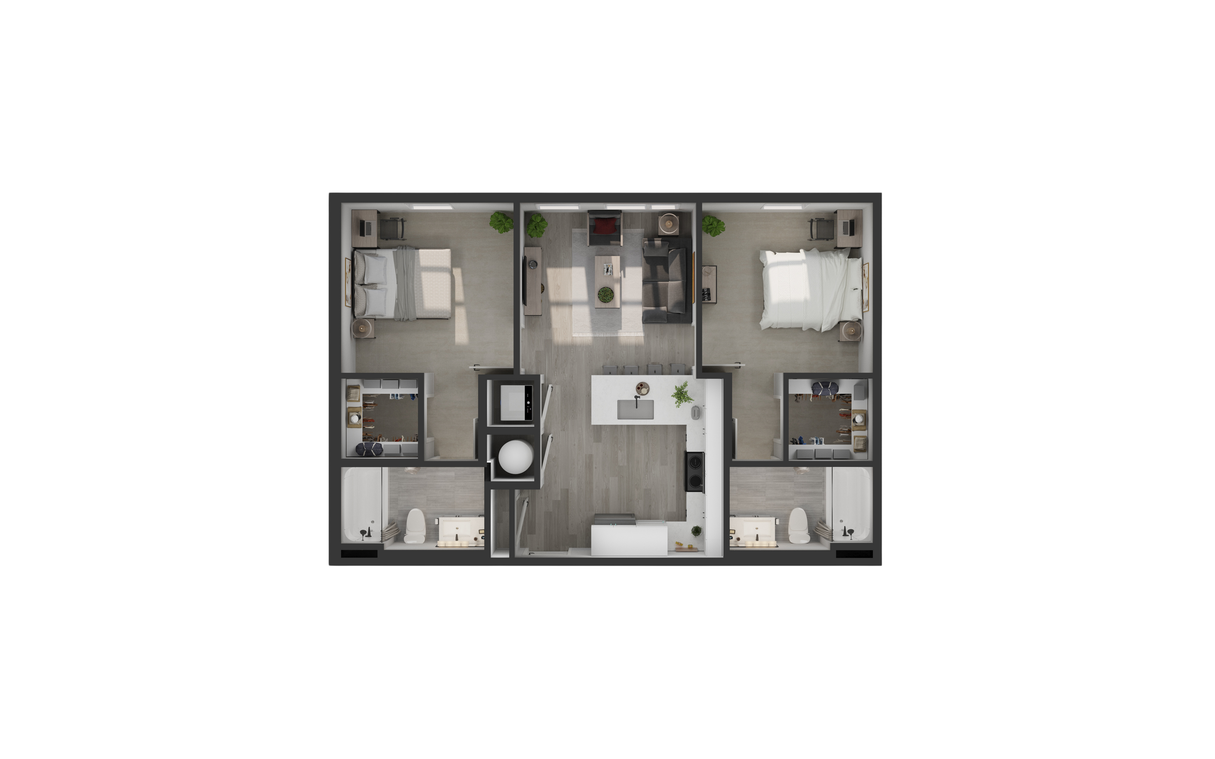 Modern 2D floor plan showcasing 2 bedrooms, a sleek kitchen, and an inviting living room, designed for contemporary living.