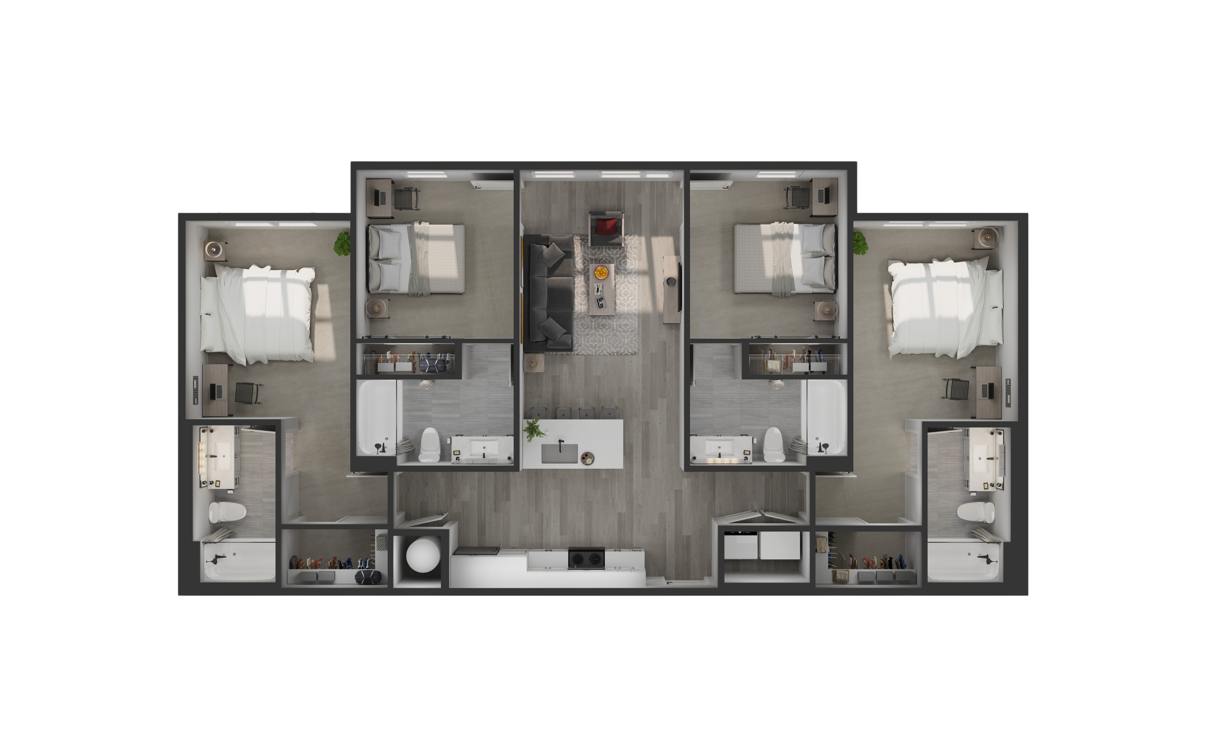 Modern floor plan showcasing a stylish 3-bedroom layout with two chic bathrooms, a cozy living area, and a sleek kitchen island. Ideal for spacious living.