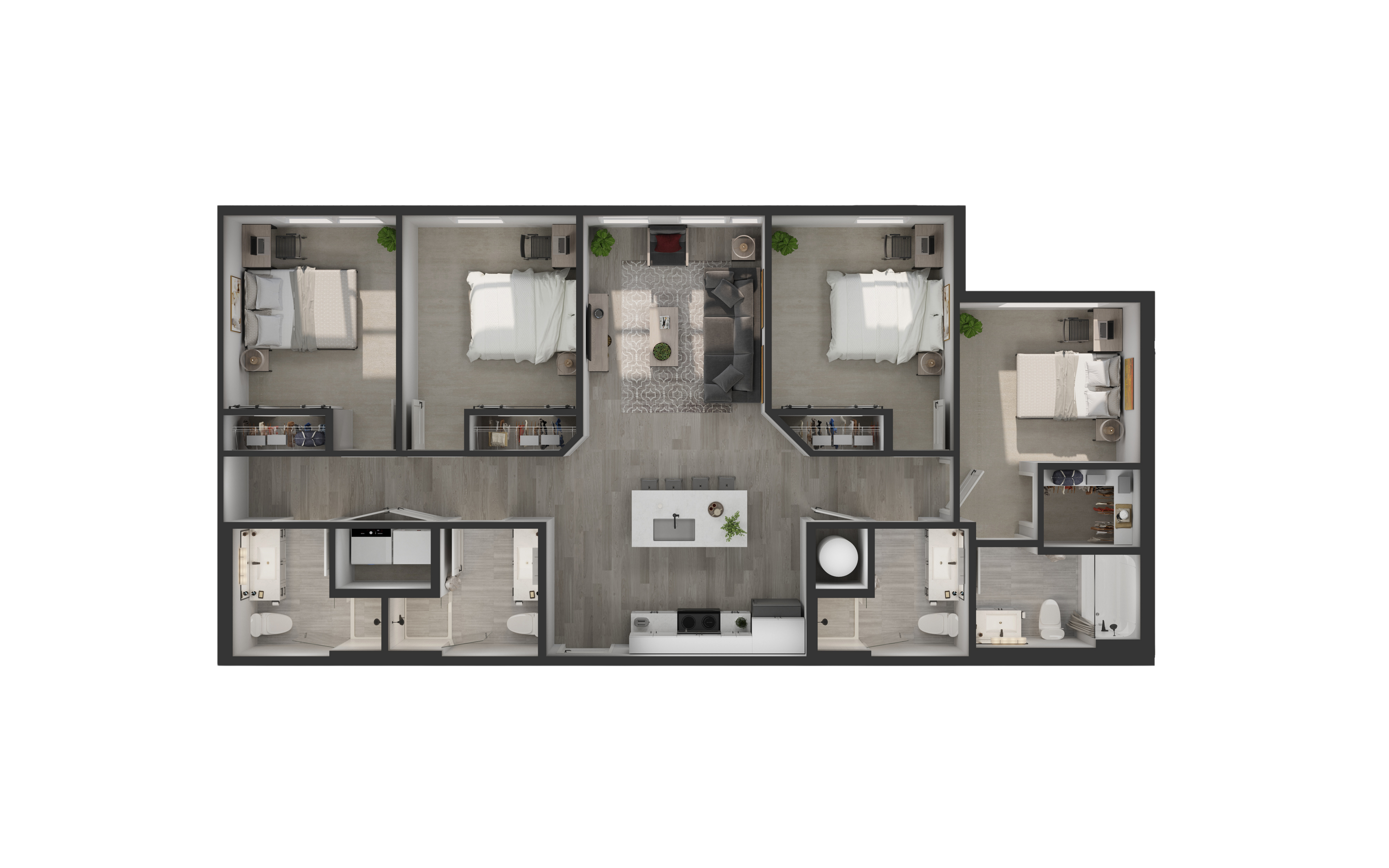 Contemporary 3-bedroom floor plan with an open living area, stylish kitchen, and two modern bathrooms, designed for spacious comfort.