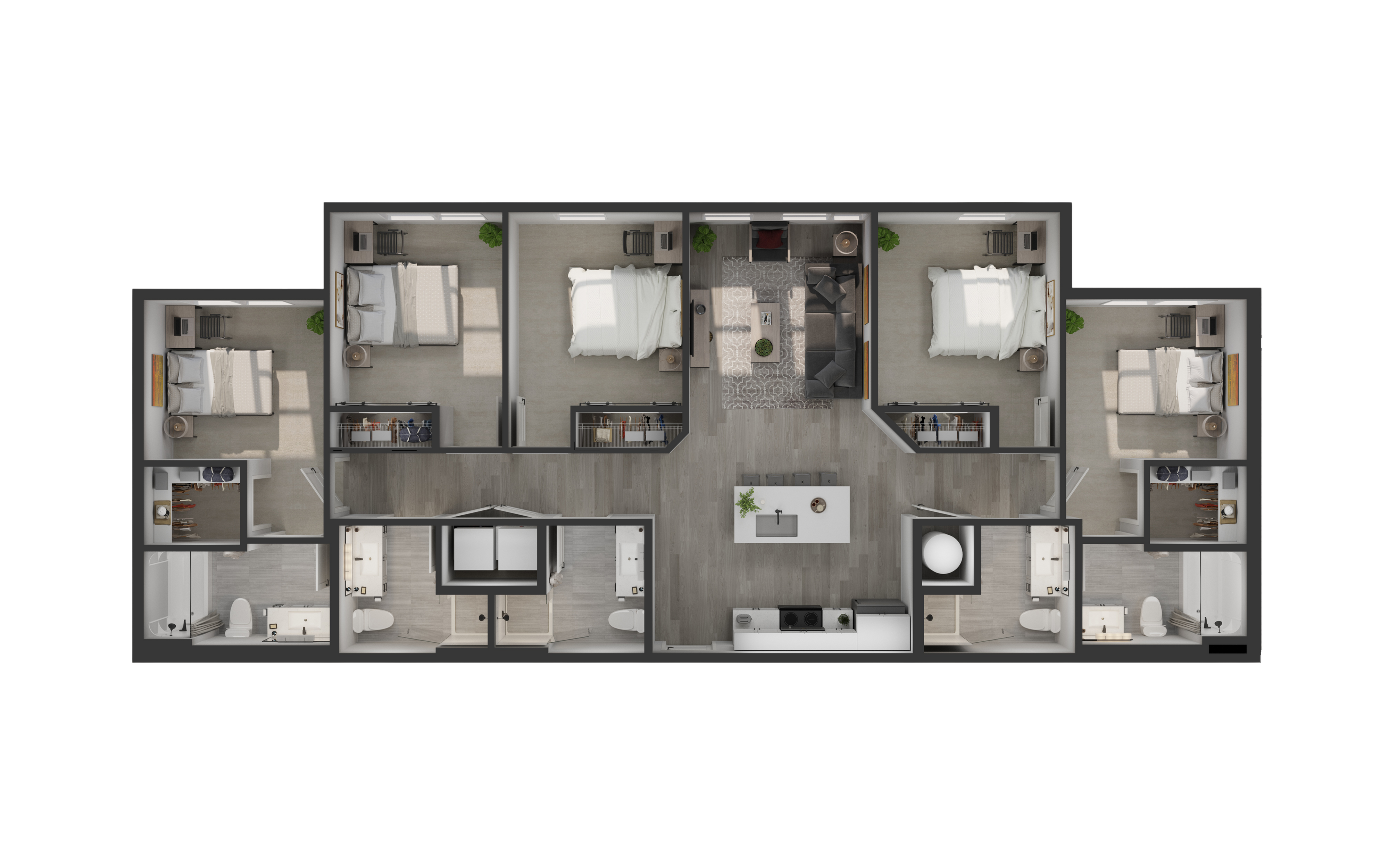 Modern floor plan featuring 5 spacious bedrooms, open living area, sleek kitchen, and contemporary bathrooms, ideal for family living.
