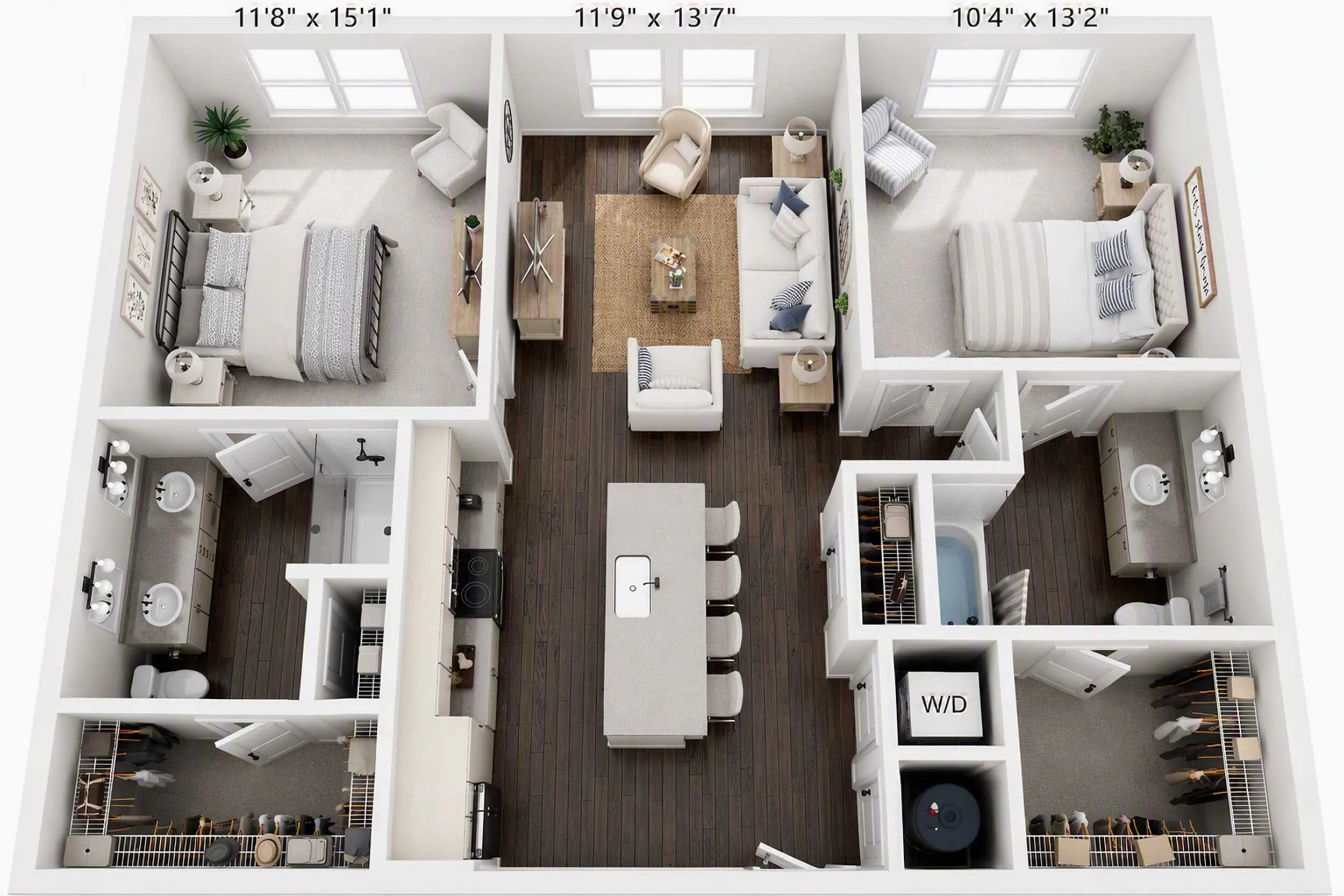 Charming 3D floor plan showcasing a cozy two-bedroom apartment with two bathrooms, an inviting living room, and a modern kitchen with an island, ideal for comfortable living.