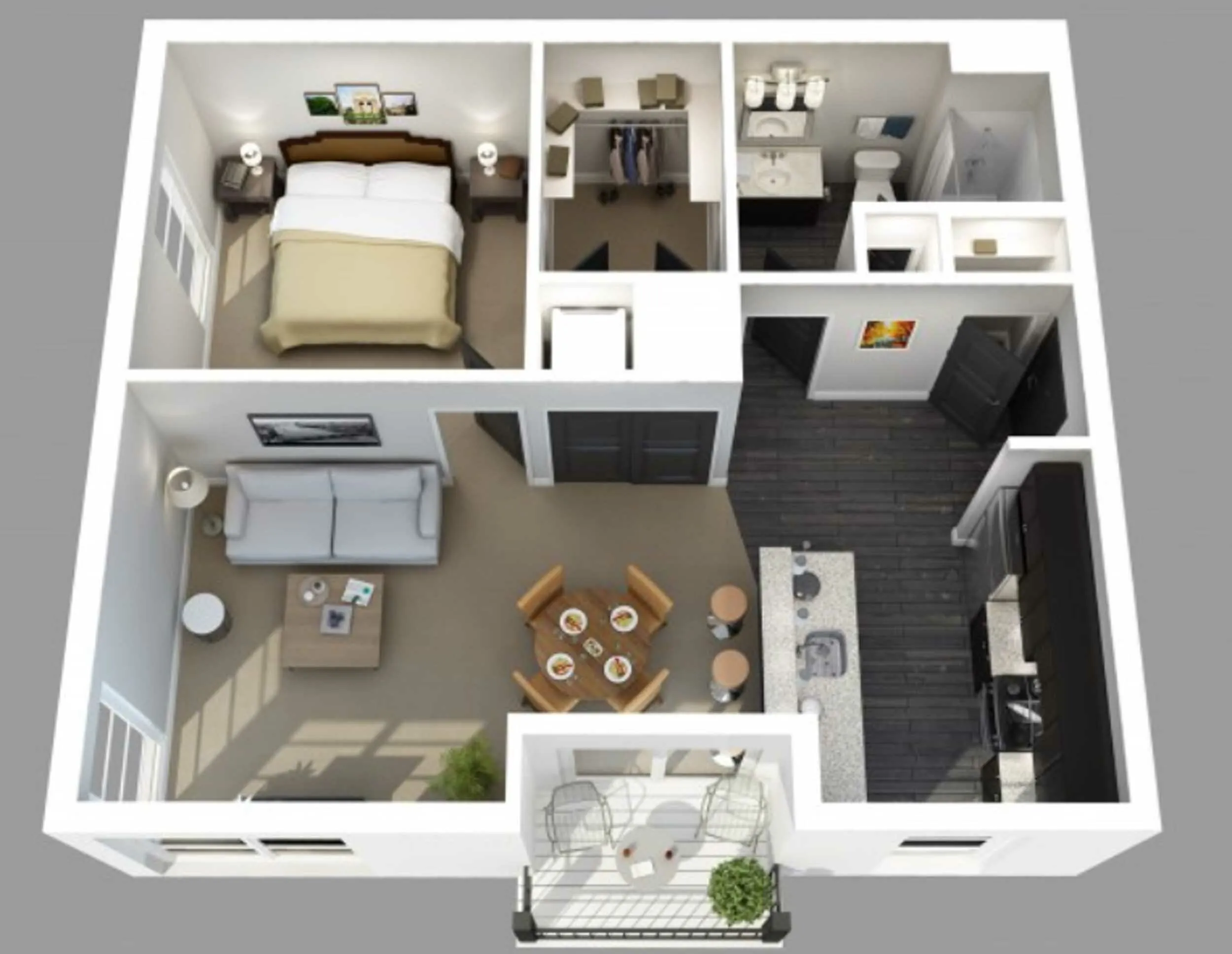 Modern floor plan showcasing a spacious 1-bedroom apartment with an open-concept living room and kitchen, elegant dining area, and private balcony.