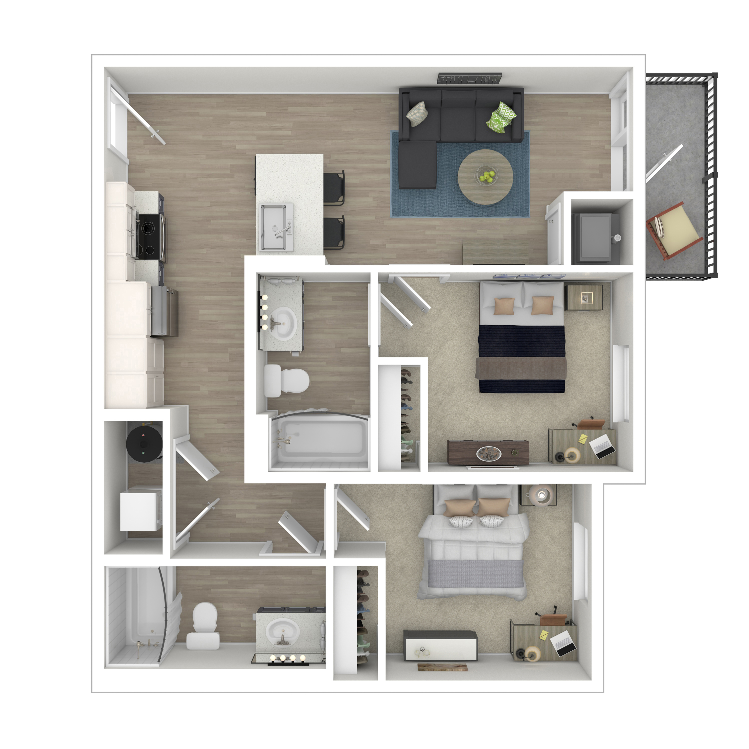 Modern 2D floor plan showcasing 2 bedrooms, an open-concept living room with a stylish kitchen, and a cozy balcony.