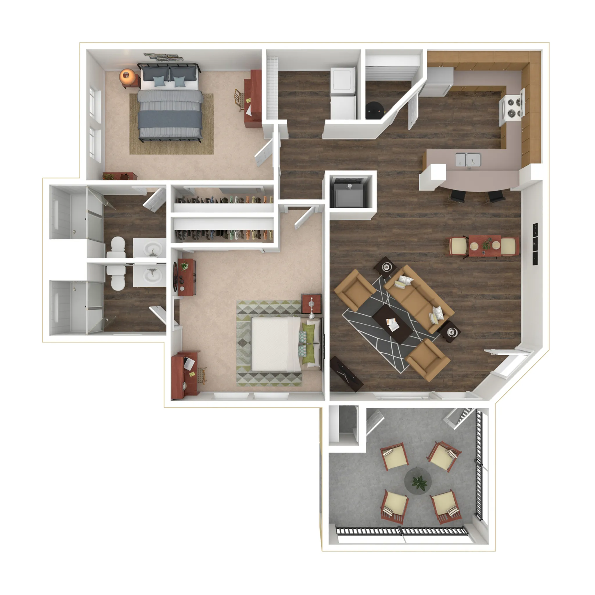Contemporary 2D floor plan showcasing 2 bedrooms, a stylish open-concept living and dining area, modern kitchen, and a cozy balcony with seating.