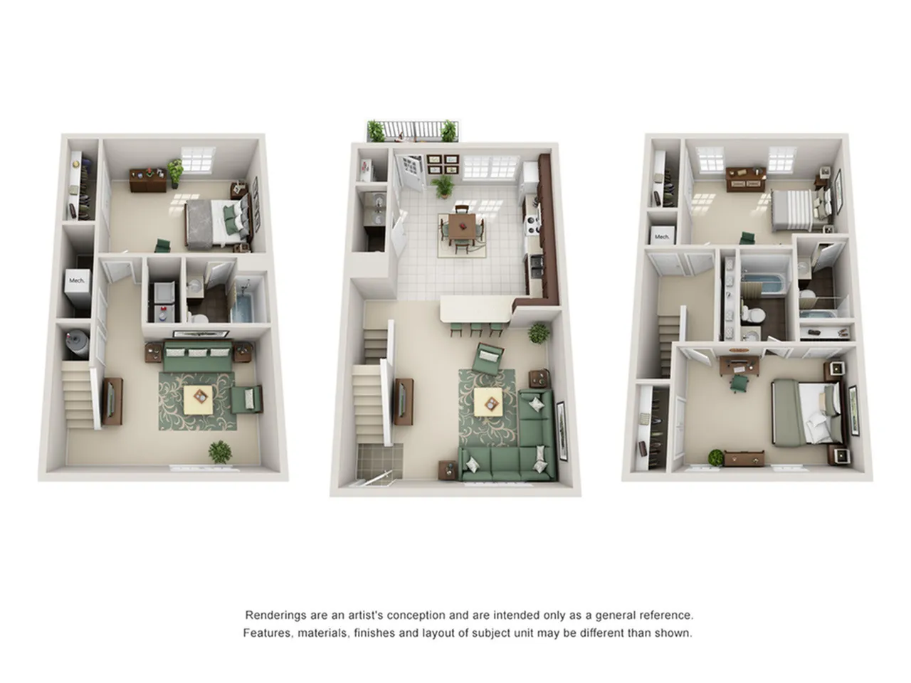 Modern 3D floor plan showcasing a charming three-level townhouse with a spacious living room, stylish kitchen, and three cozy bedrooms.