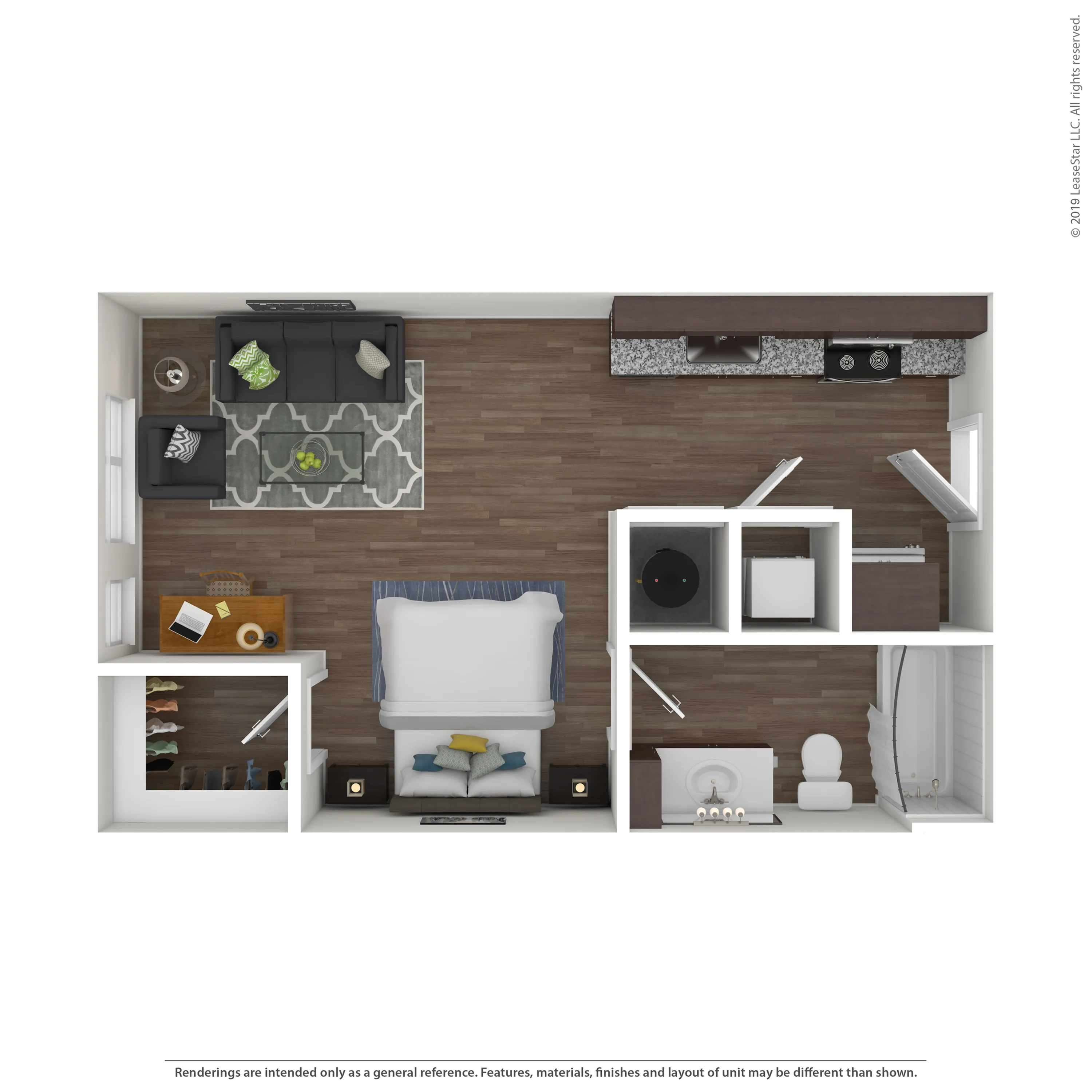 Chic 3D floor plan featuring a cozy studio layout with an open-concept living area, sleek kitchen, and modern bathroom, perfect for urban living.
