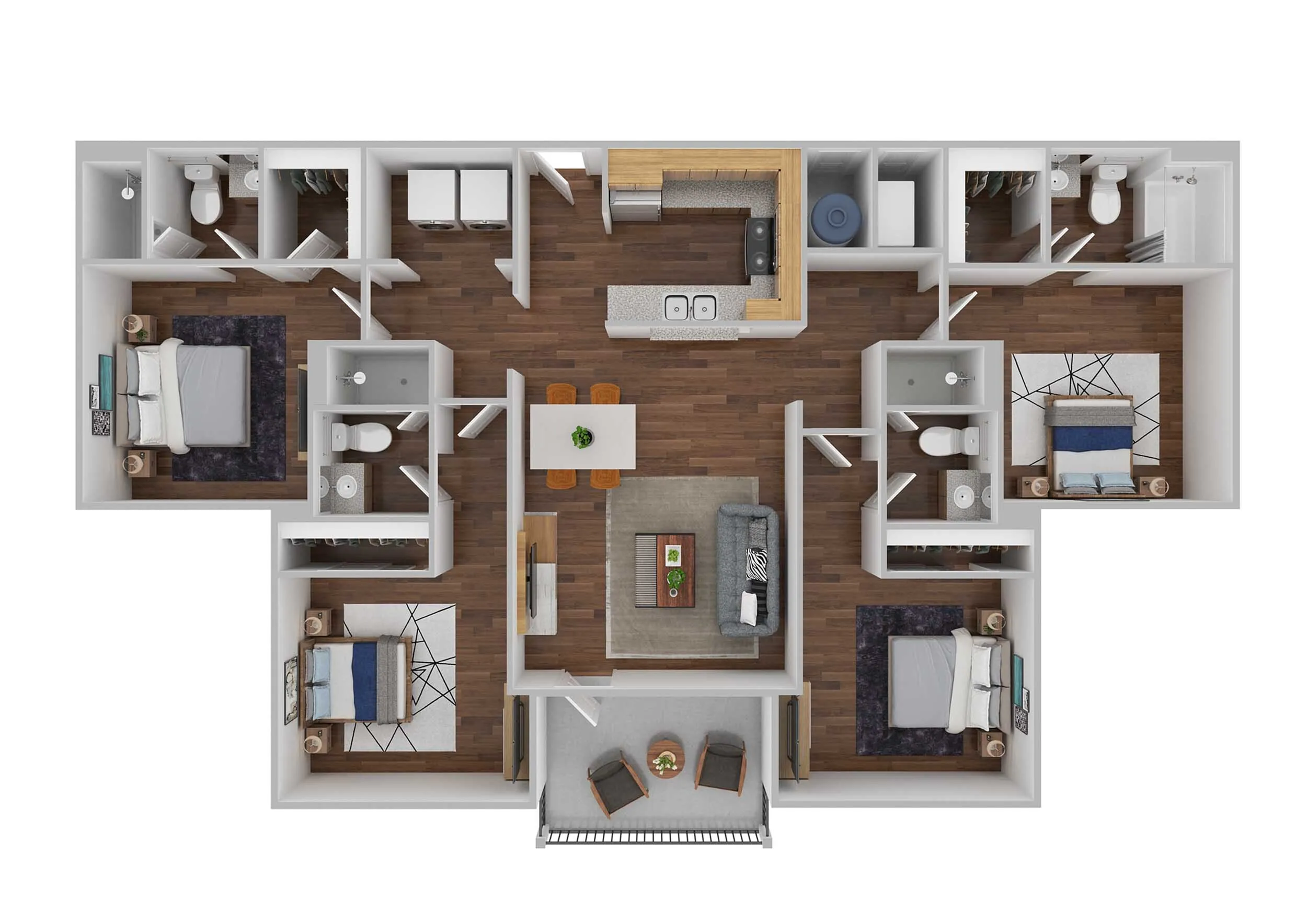 Modern L-shaped floor plan showcasing three bedrooms, two bathrooms, open kitchen with island seating, cozy living area, and private balcony.