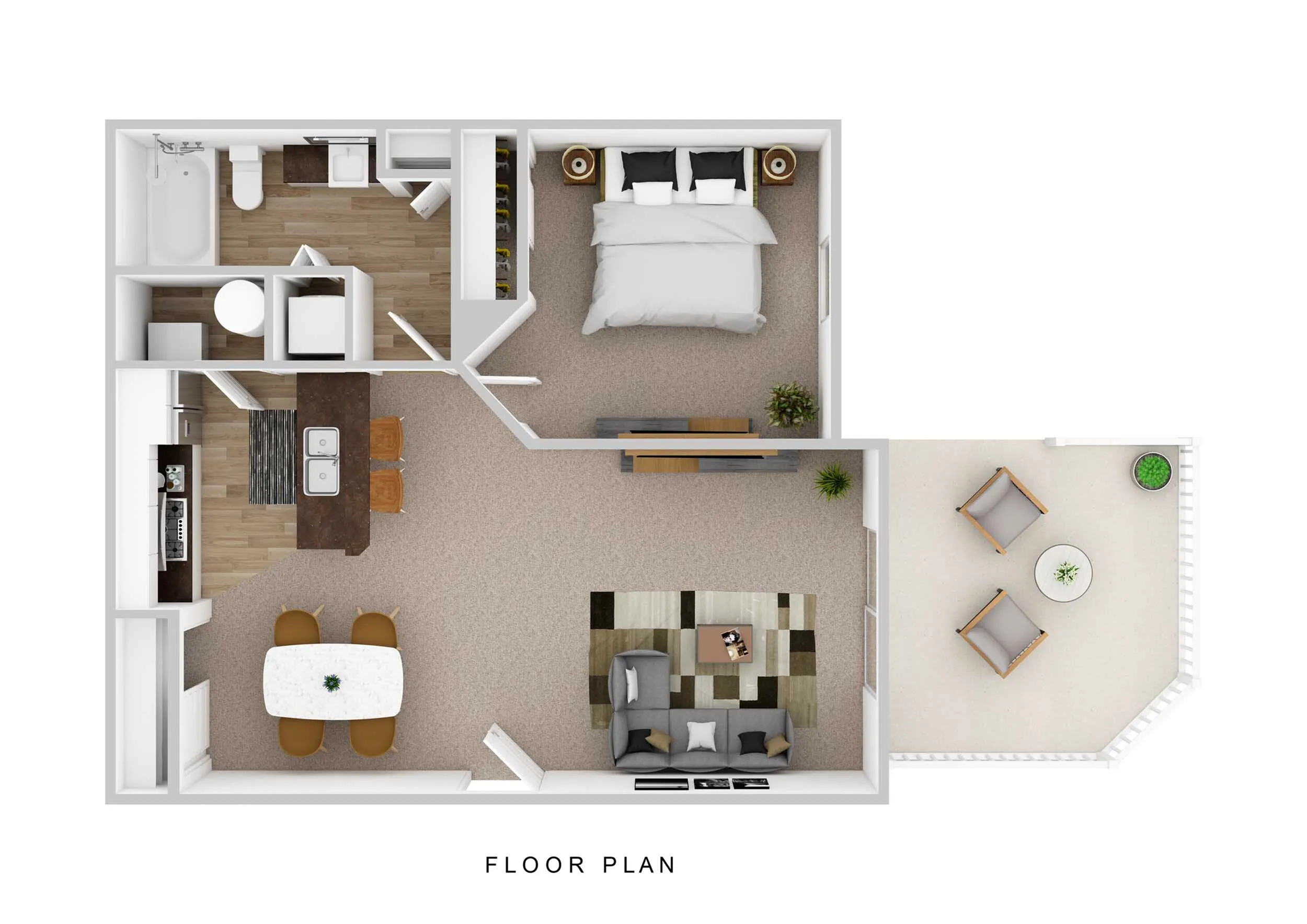 Charming 1-bedroom floor plan featuring modern kitchen, cozy living room, and private balcony for a perfect urban retreat.
