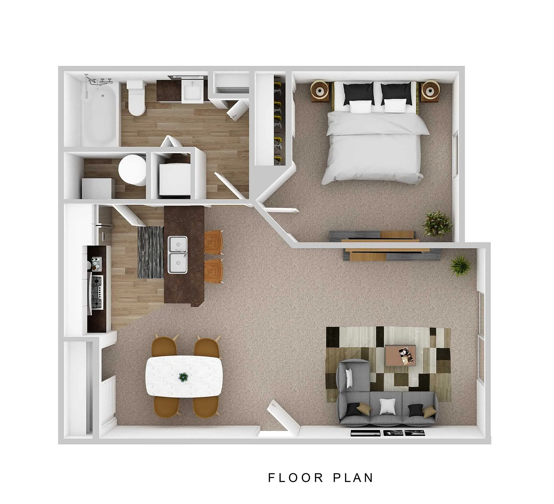 Inviting floor plan featuring a cozy one-bedroom, open living area, modern kitchen with dining space, and elegant bathroom.