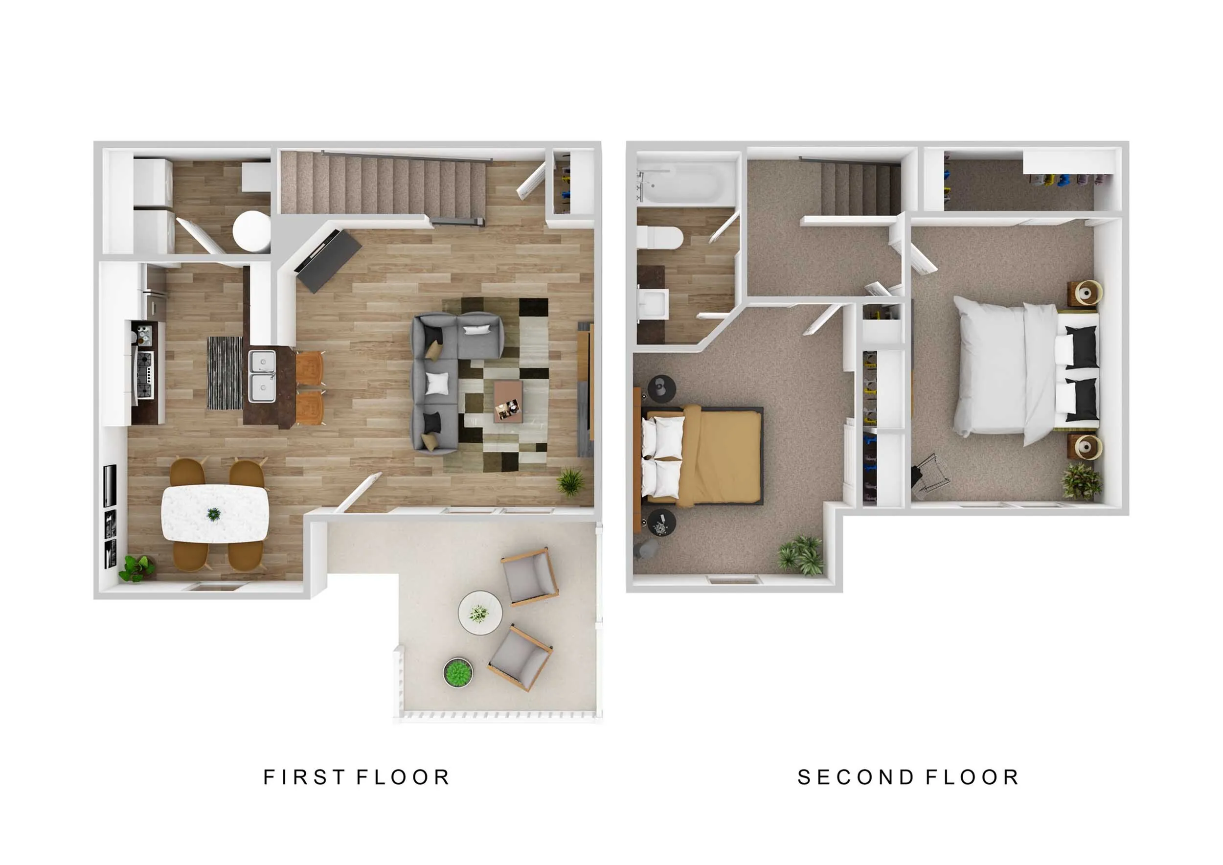 Charming 3D floor plan displaying a first floor with modern kitchen, cozy living room, and dining area; second floor showcasing a spacious bedroom with a bathroom.