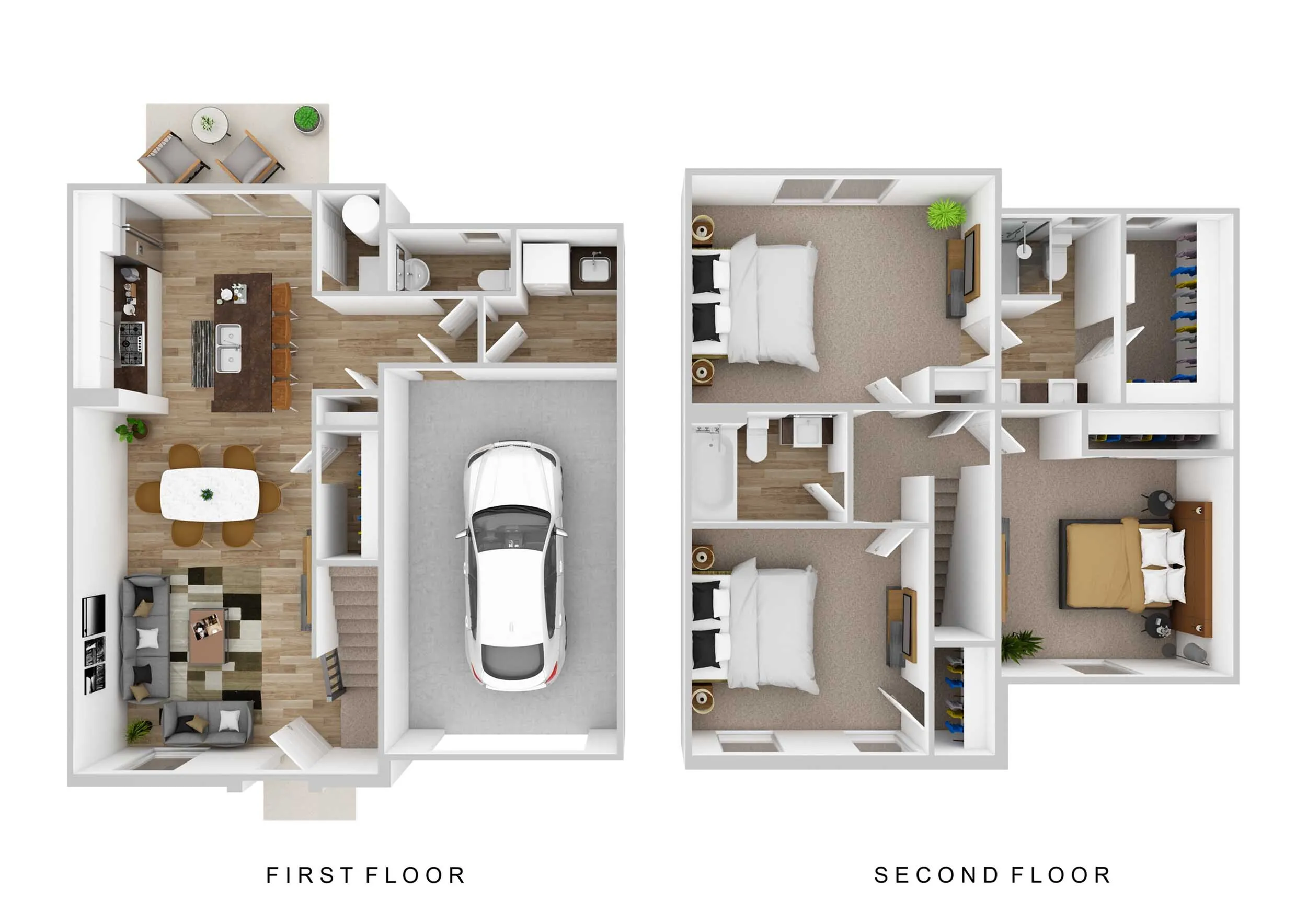 Elegant 3D floor plan showcasing a modern two-story layout with open-concept living room, gourmet kitchen, dining area, and an integrated garage on the first floor; second floor with three spacious bedrooms and two bathrooms.