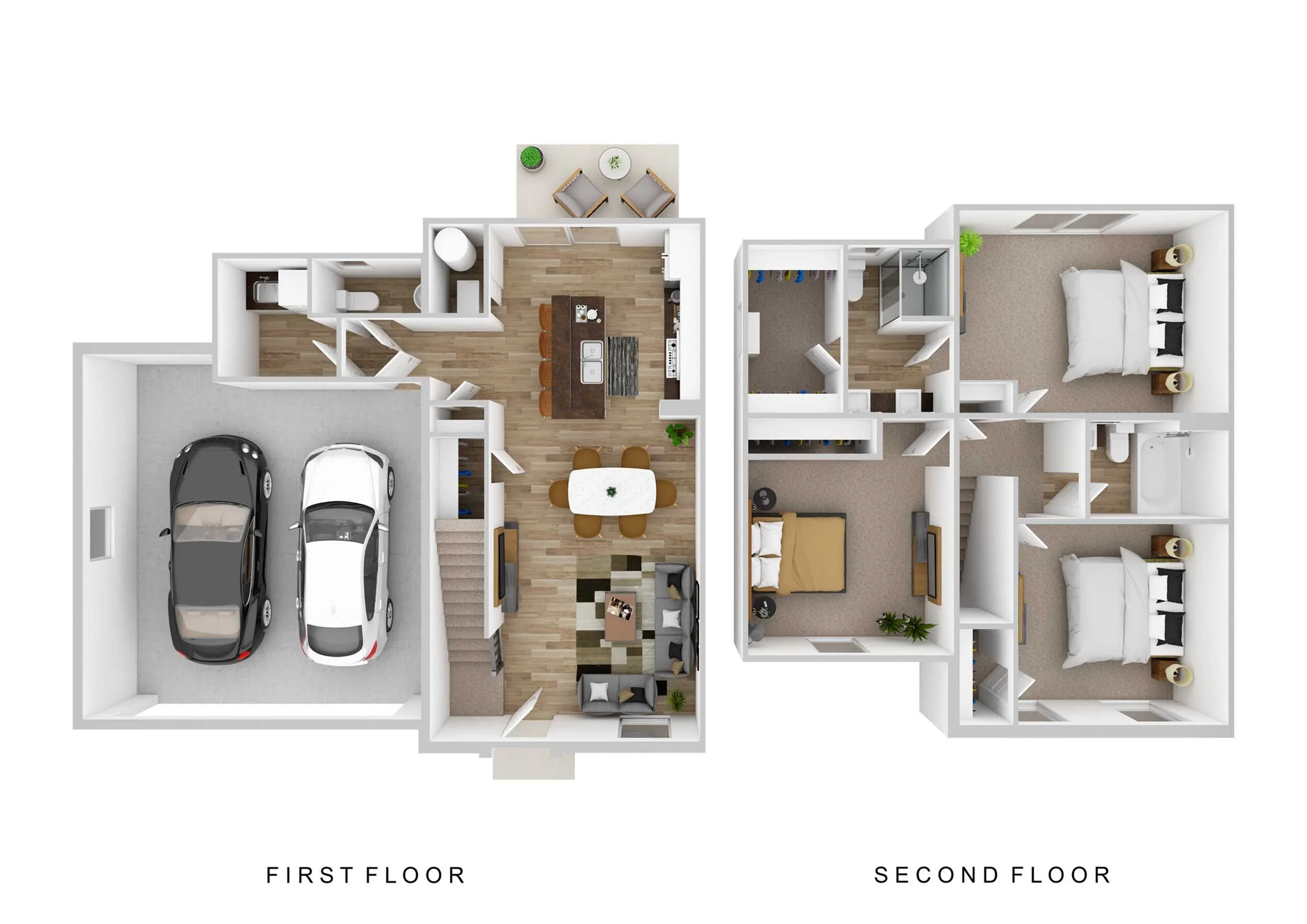 Modern two-story floor plan showcasing a spacious first floor with an open-concept kitchen and living area, two-car garage, plus a cozy second floor featuring three bedrooms.