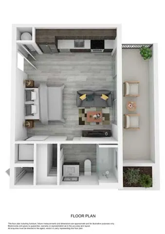 Compact studio apartment layout featuring a stylish bedroom, living area, kitchenette, and outdoor patio.
