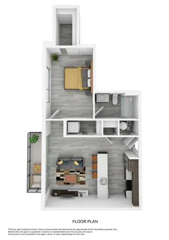 Modern 3D floor plan featuring a spacious bedroom, cozy living room, compact kitchen, and balcony.
