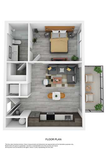 3D floor plan featuring a spacious bedroom, modern living area, full kitchen, and balcony.