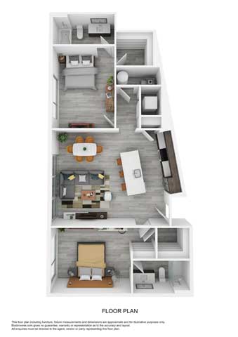 Contemporary 3D floor plan featuring 1 bedroom, an open kitchen-living area, and a modern bathroom.