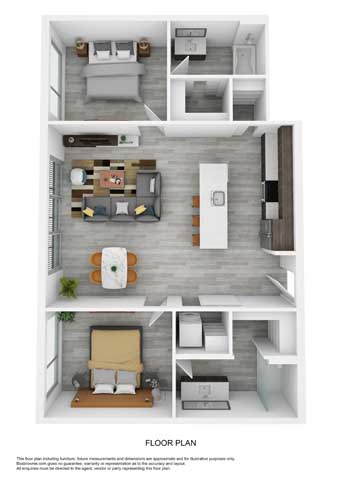 3D floor plan featuring 2 bedrooms, open-plan living and dining area, and modern kitchen with island.
