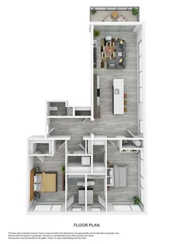 3D floor plan layout of a sleek modern apartment with 2 bedrooms, a bright open-plan living and dining area, and a well-equipped kitchen.
