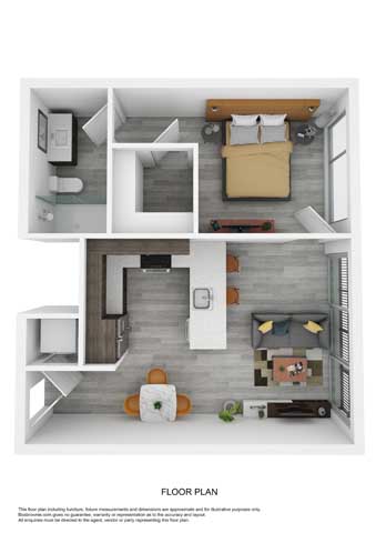 Stylish floor plan with open-concept living room, modern kitchen, and cozy bedroom.