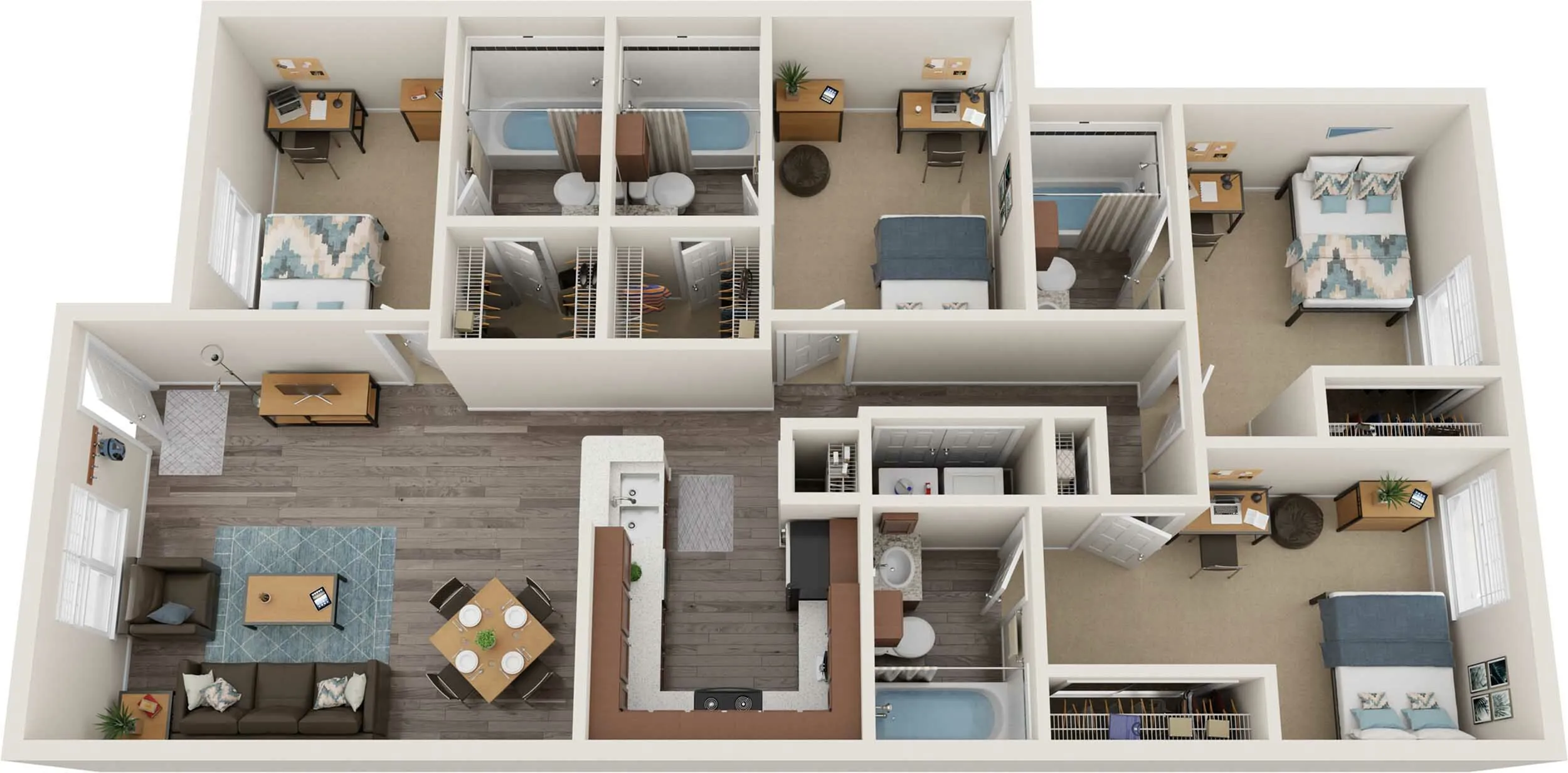 3D floor plan showcasing three bedrooms, an inviting living area, and a modern kitchen layout.