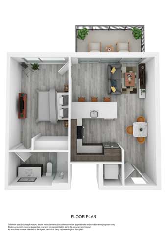 Modern 3D floor plan with a cozy bedroom, elegant living area, and open kitchen concept, featuring stylish interior and outdoor patio space.