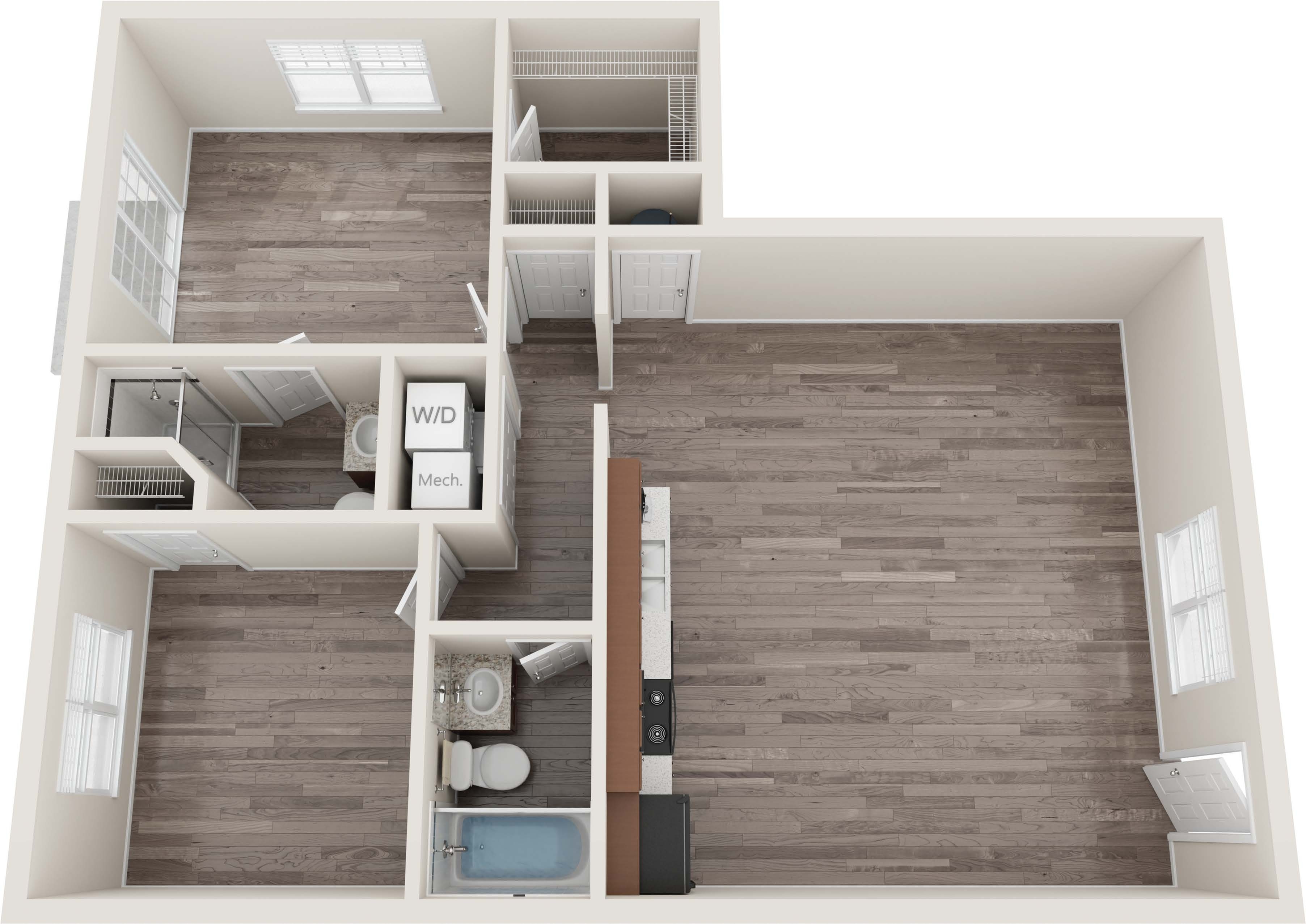 Modern 2D floor plan featuring a spacious bedroom, open living area, sleek kitchen, and two bathrooms with wood flooring throughout.