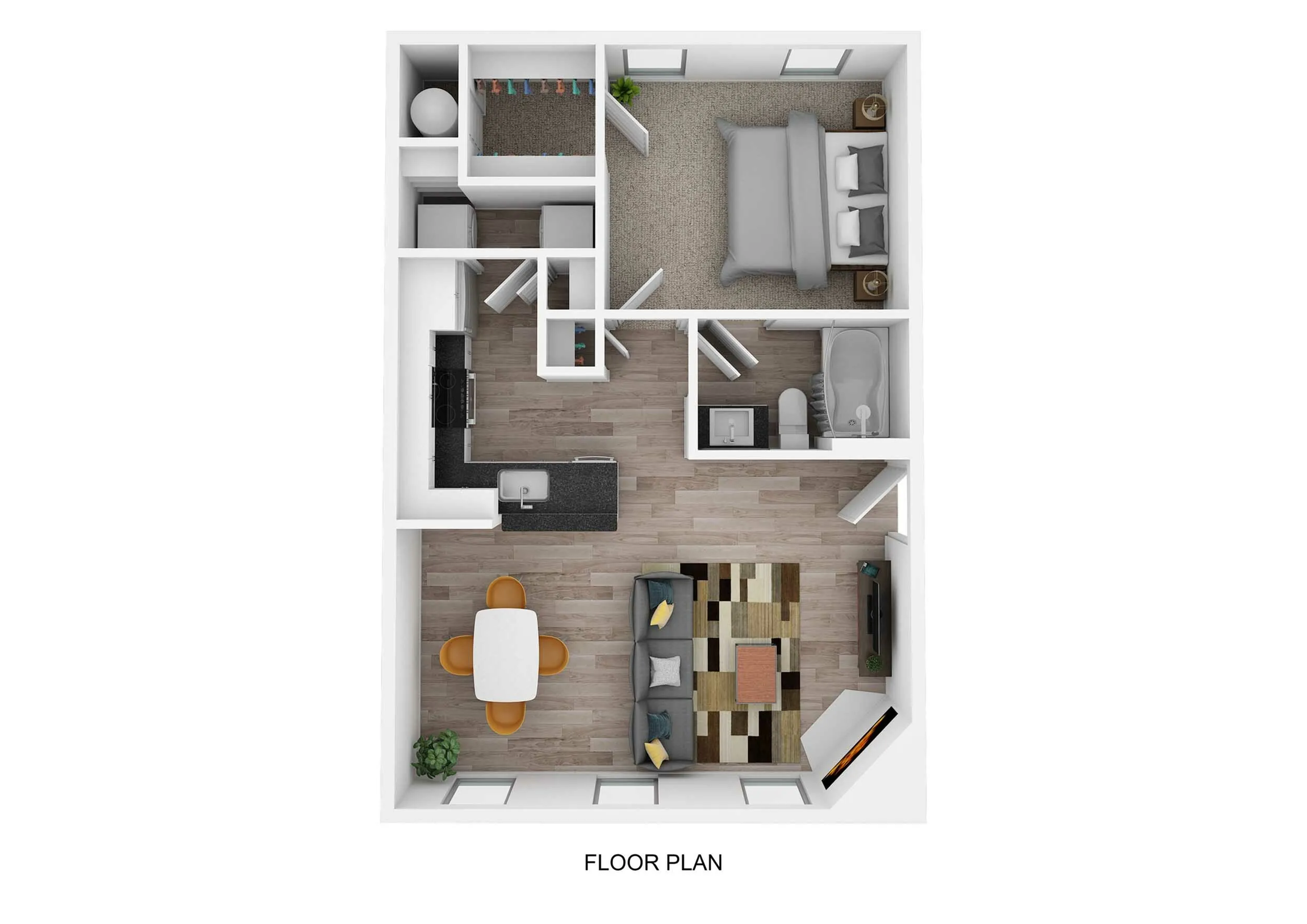 Modern 3D floor plan featuring a cozy bedroom, sleek kitchen, stylish bathroom, and open living-dining area.