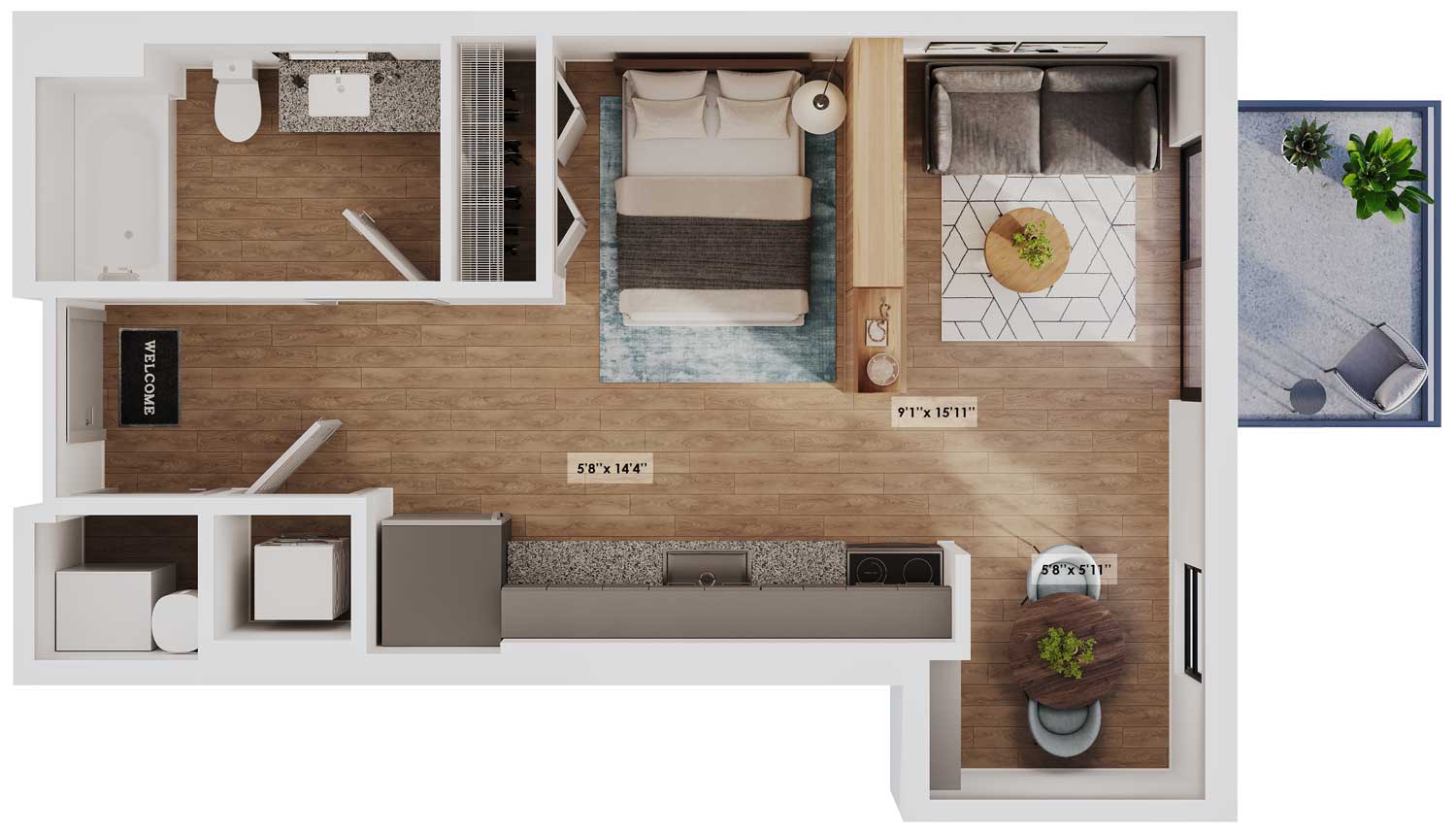 Modern 1-bedroom floor plan showcasing an open-concept living area, elegant kitchen setup, and cozy outdoor balcony for relaxation.