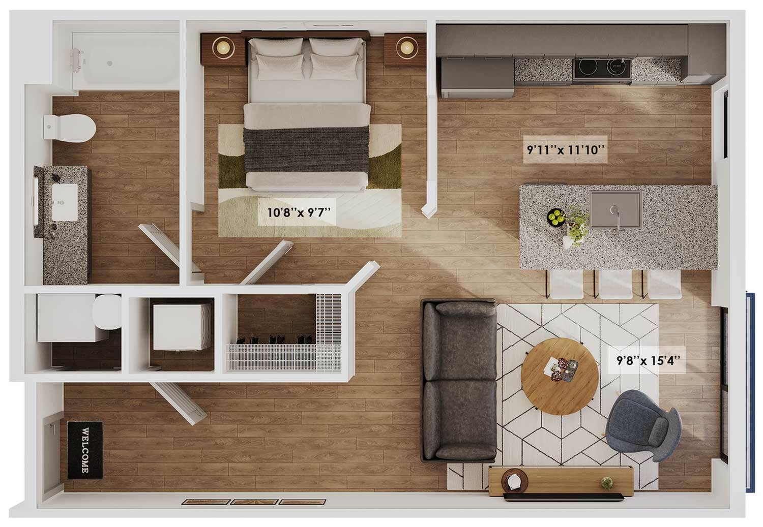 Chic 1-bedroom floor plan featuring an open-concept kitchen and living area with modern finishes, cozy bathroom, and inviting entryway.