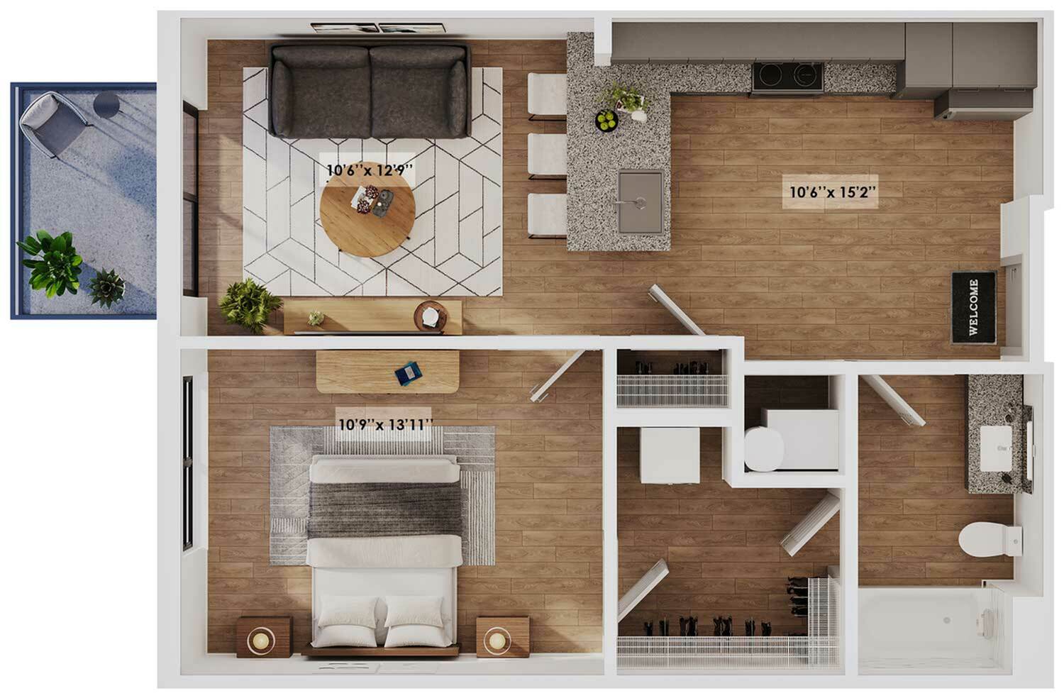 Modern 1-bedroom floor plan featuring an open-concept living area, chic kitchen with island, and inviting private balcony.