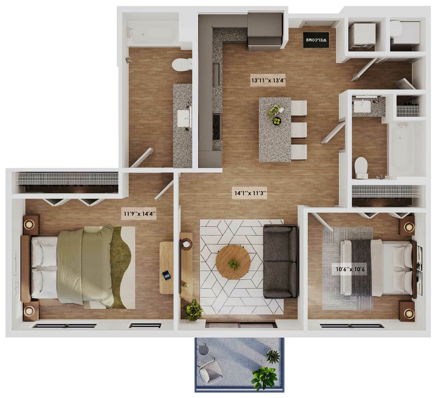 Modern open-concept floor plan featuring two spacious bedrooms, a stylish kitchen island, and a cozy living area with access to a charming balcony.