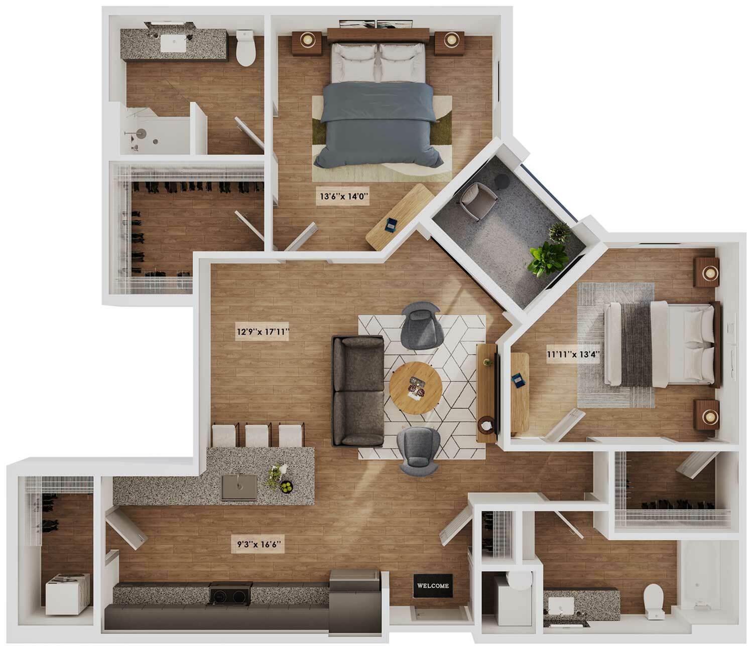 Contemporary 2D floor plan showcasing a stylish 2-bedroom apartment with an open living and dining area, modern kitchen, and ample storage space.