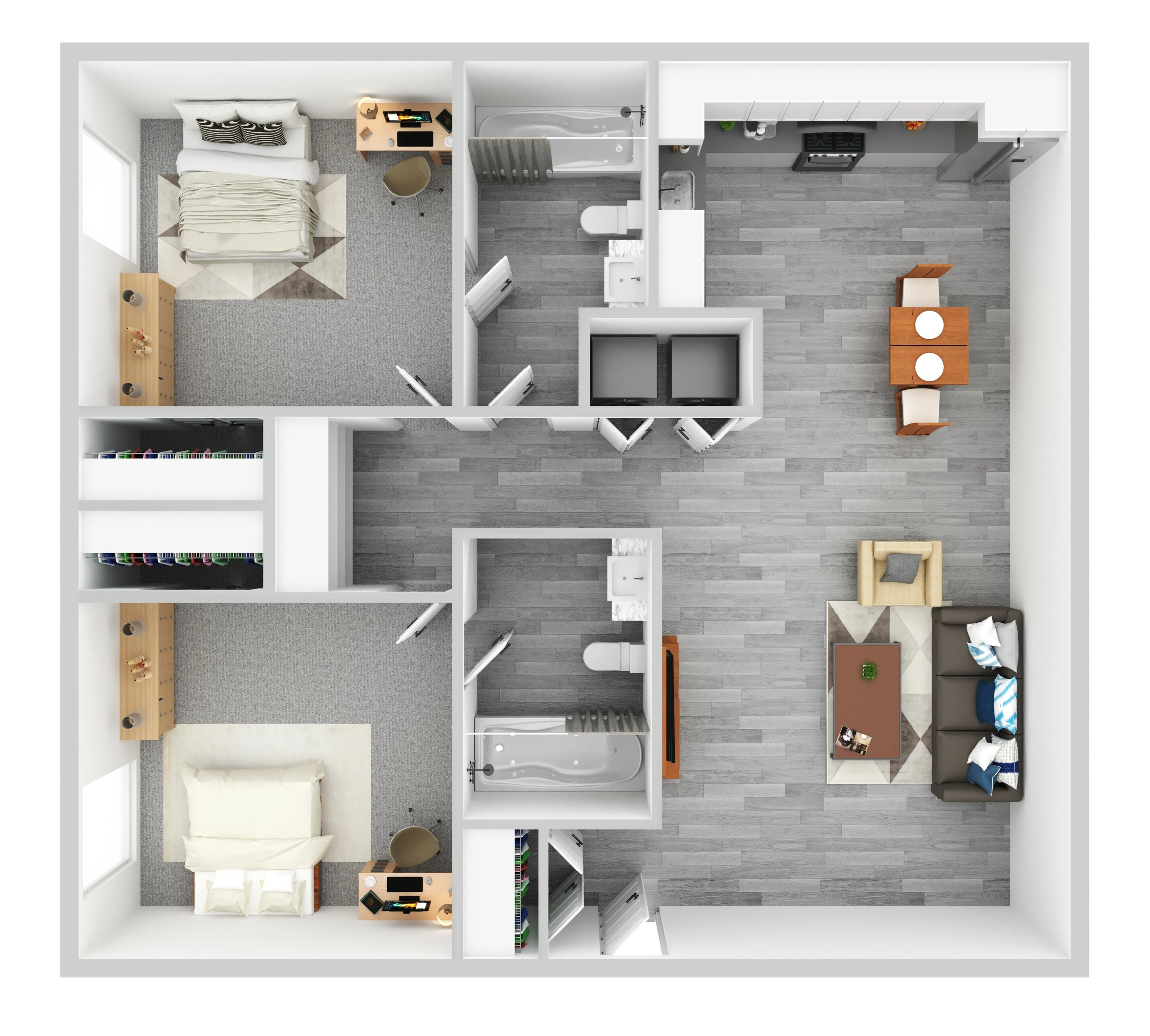Modern floor plan with two spacious bedrooms, two elegant bathrooms, a sleek kitchen, and an inviting open-concept living area.