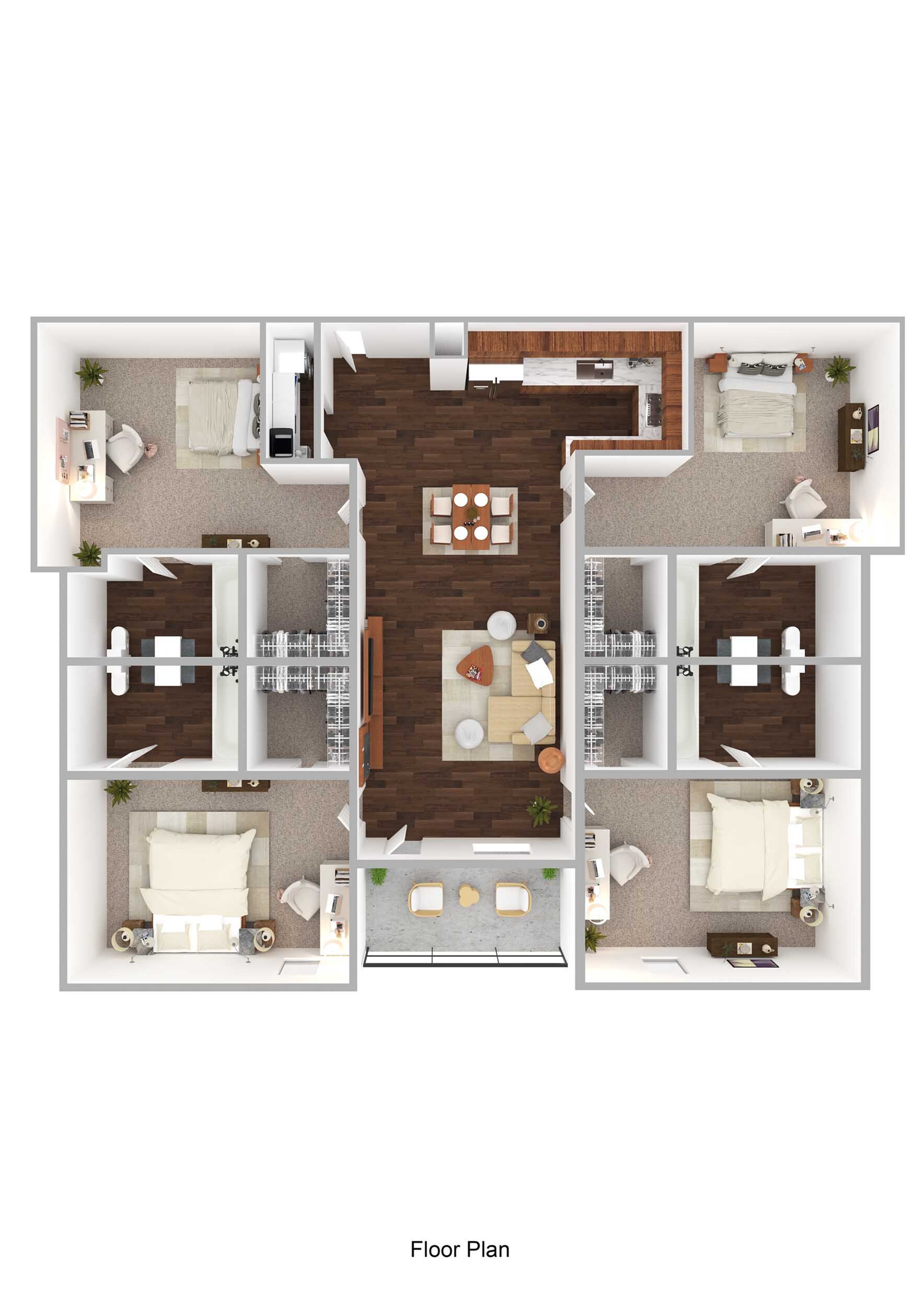 Modern 3D floor plan showcasing 3 bedrooms, a spacious open-concept living and dining area, sleek kitchen, and cozy balcony space.