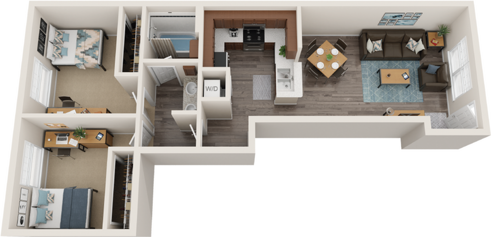 Modern floor plan showcasing 2 bedrooms, 1 bathroom, integrated kitchen, and stylish living area with hardwood flooring.